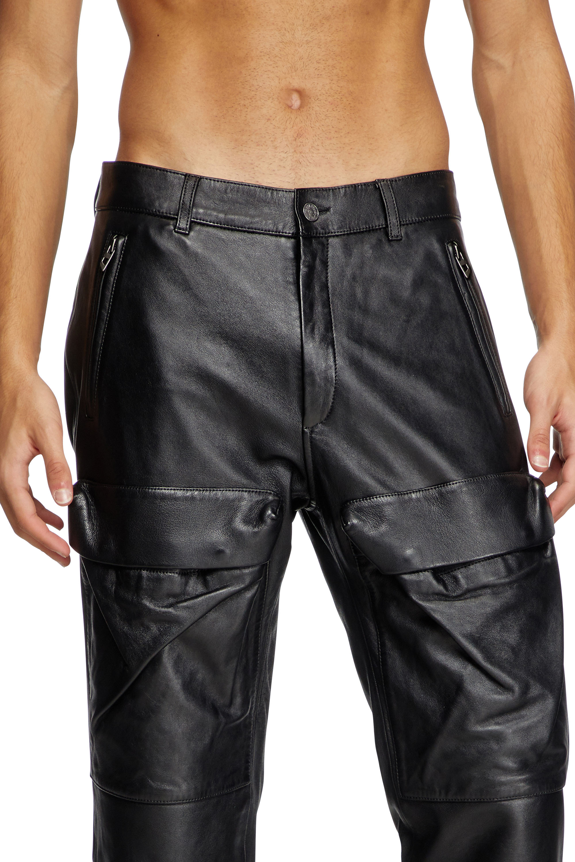 Diesel - P-GAST, Man's Leather pants with utility pockets in Black - 4