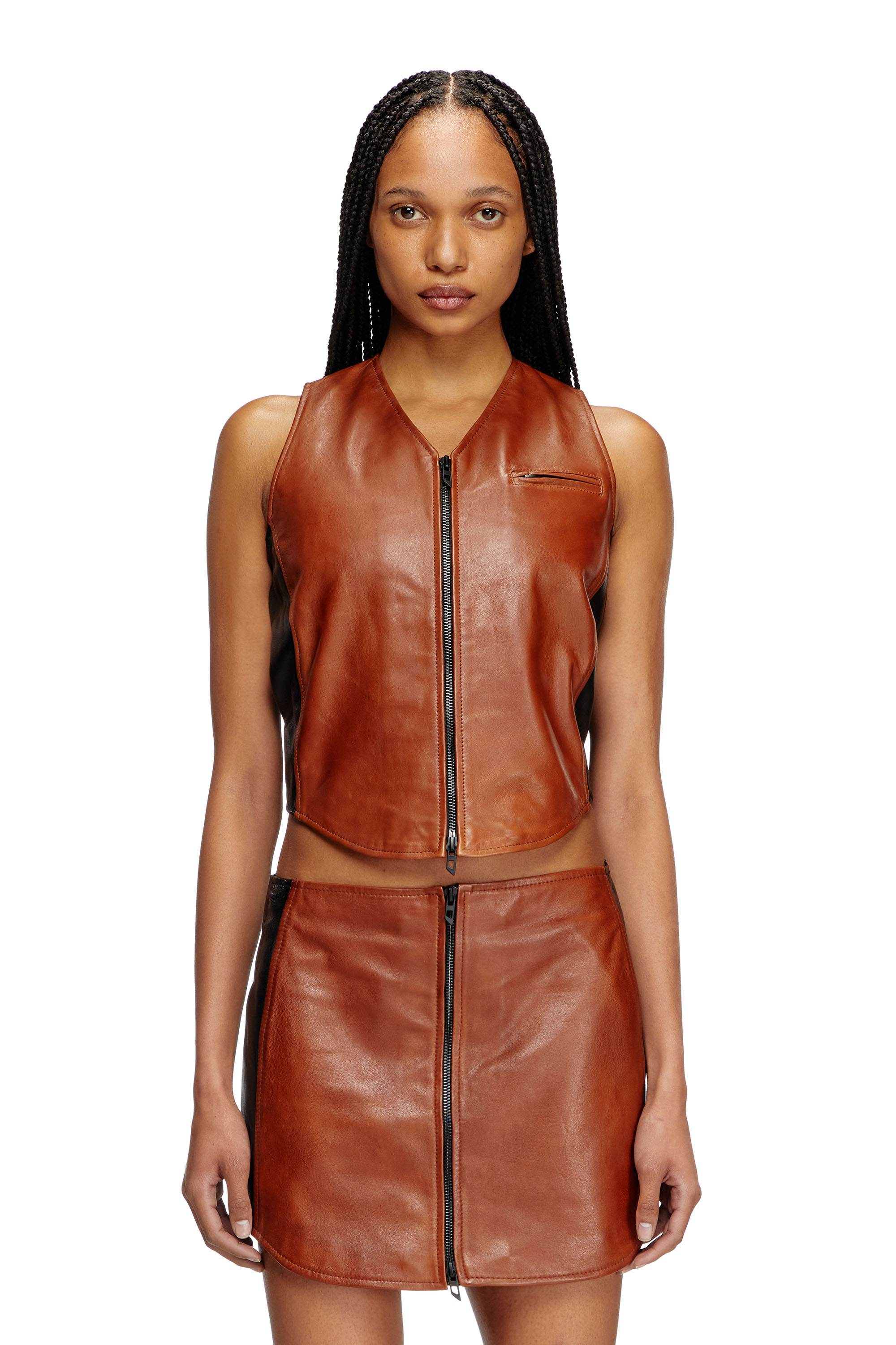 Diesel - L-USTRA, Woman's Cropped colour-block leather vest in Black/Brown - 1