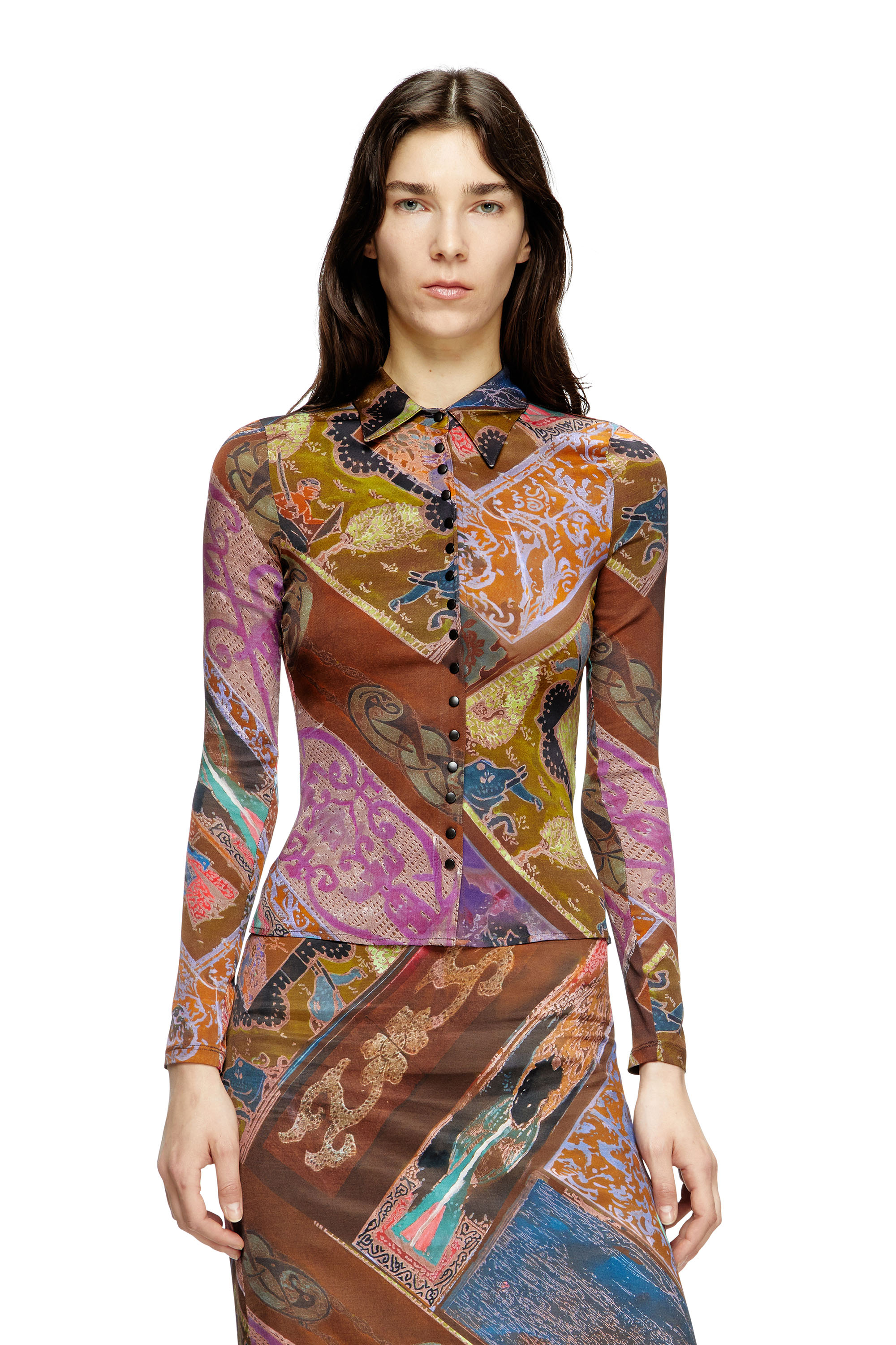 Diesel - C-AMELIA, Camisa de viscosa elástica con estampado heráldico Mujer in Marrón - 1