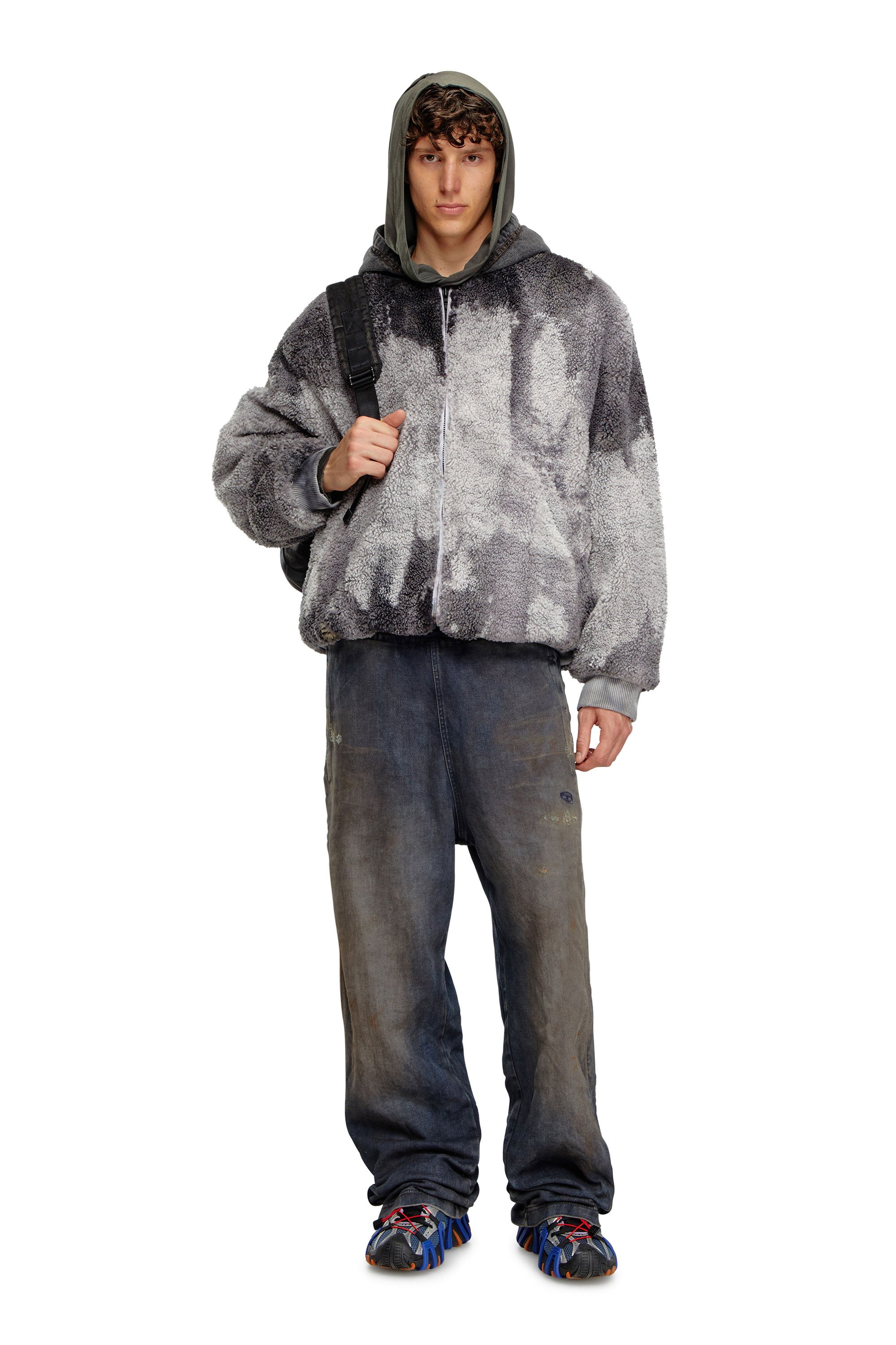 Diesel - S-DEPLA, Man Tie-dyed teddy jacket with denim hood in Grey - Image 2