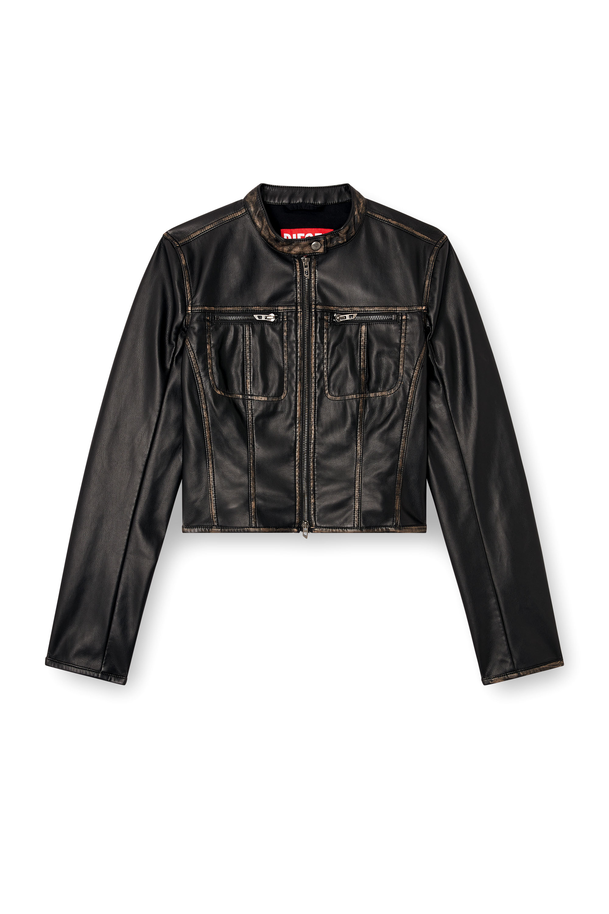 Diesel - G-LOBE, Chaqueta biker desgastada recortada Mujer in Negro - 5