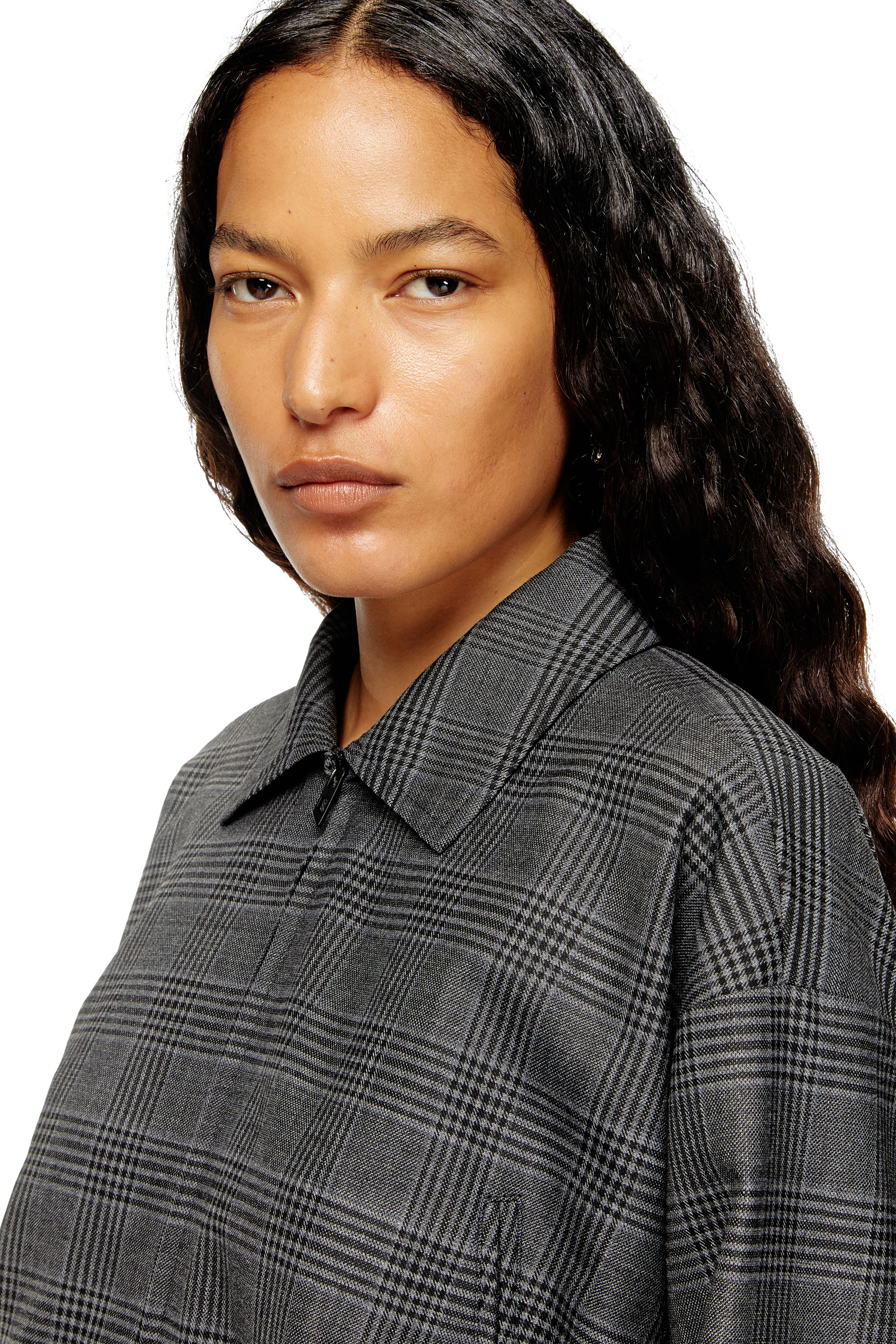Diesel - J-TING-FEM, Chaqueta recortada estilo coach de mezcla de lana Príncipe de Gales Mujer in Negro - 4