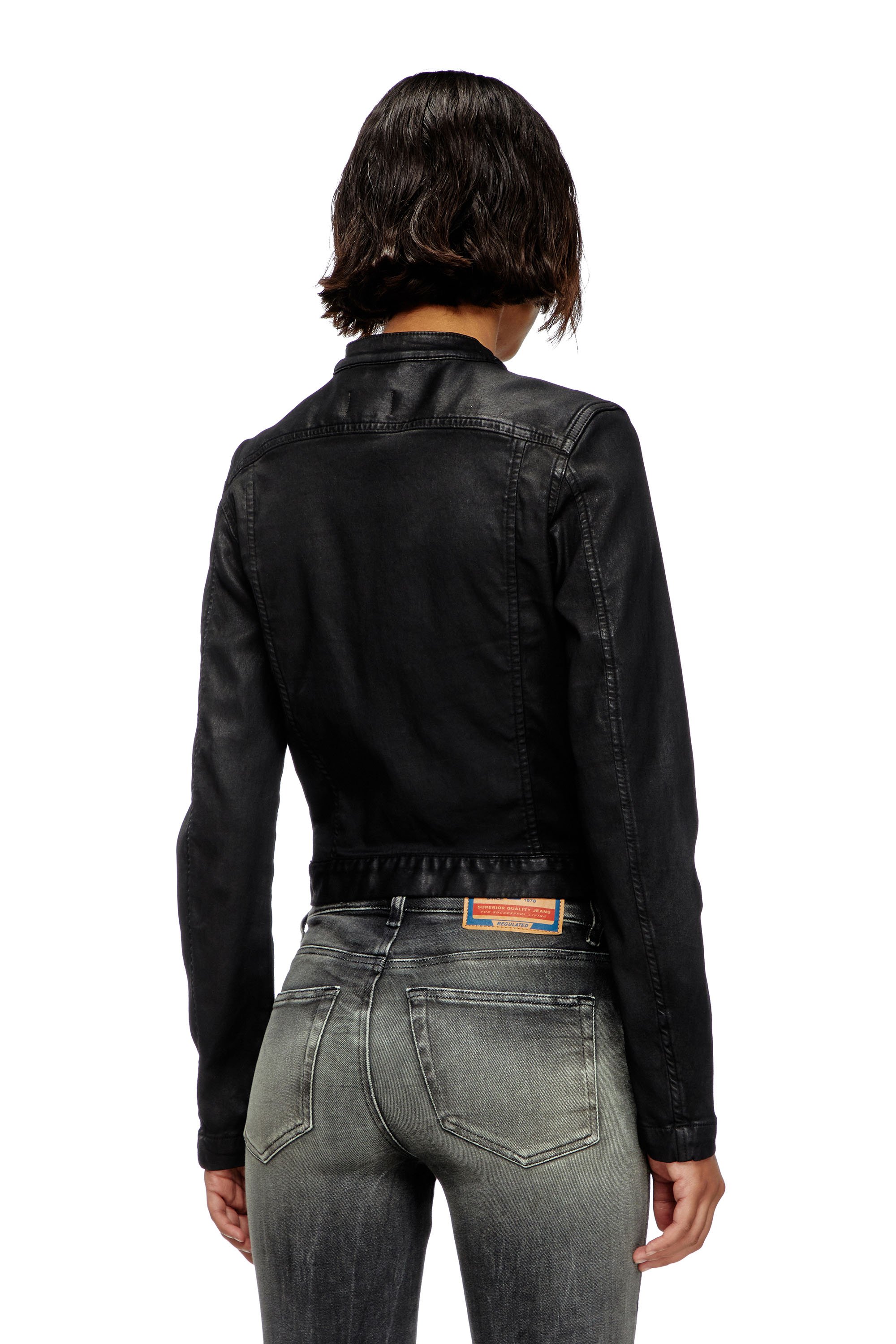 Diesel - DE-MORNIN JOGG, Woman's Moto jacket in coated denim in Black - 3