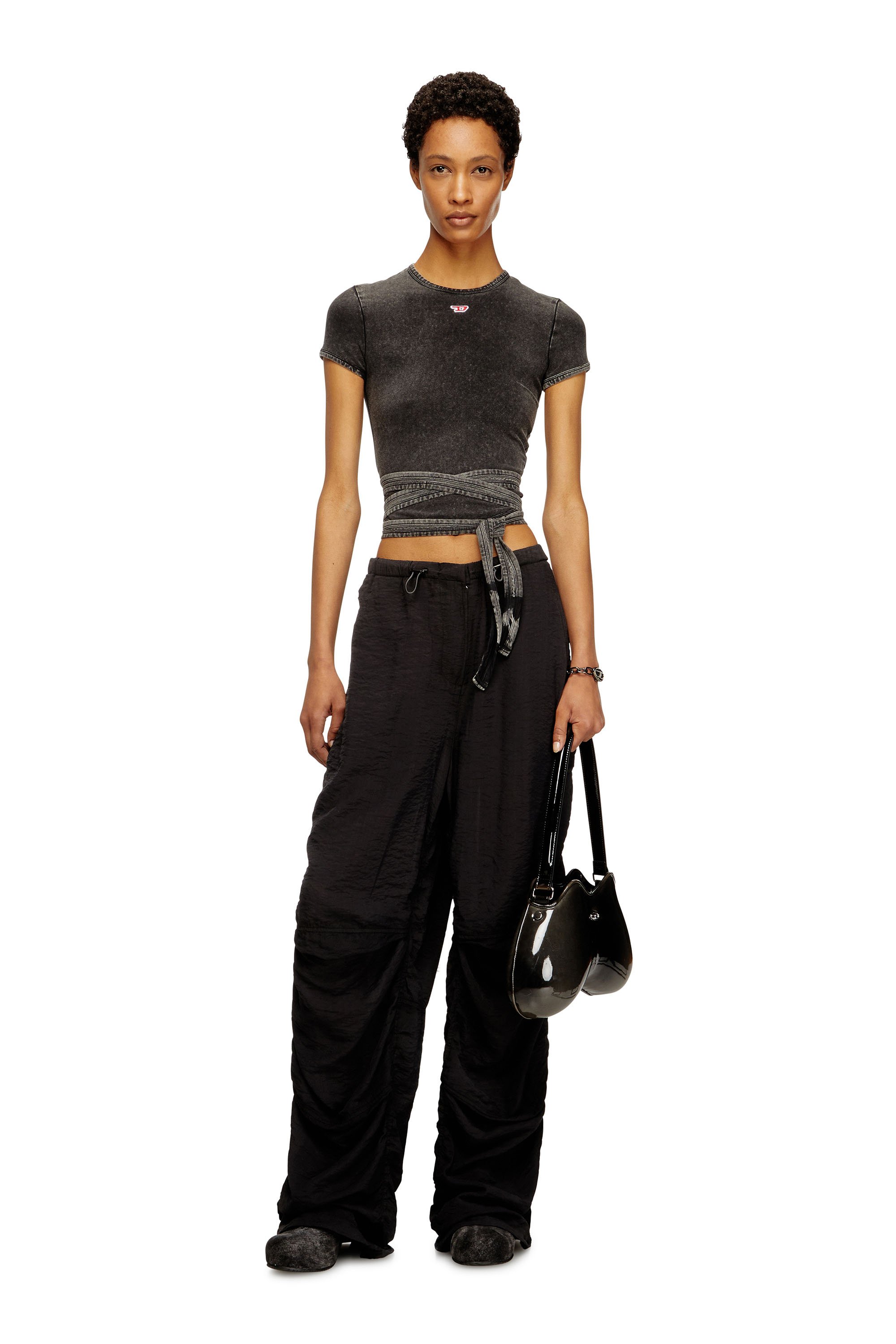Diesel - T-BUNNY-TAIL-R1, Woman's Denim-look T-shirt with wrap ties in Black - 2