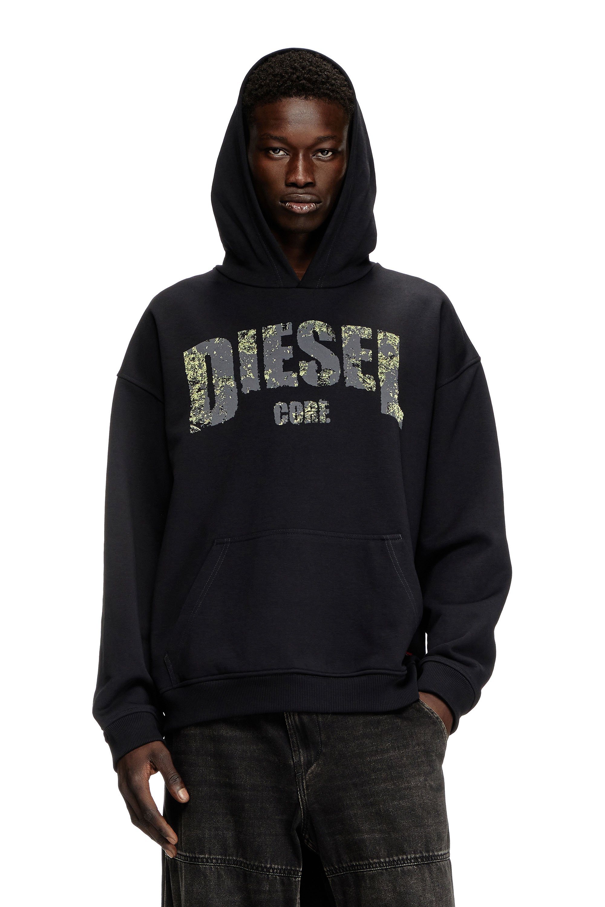 Diesel - S-BOXT-HOOD-R13, Sudadera con capucha y estampado del logotipo con efecto destruido Hombre in Negro - 1