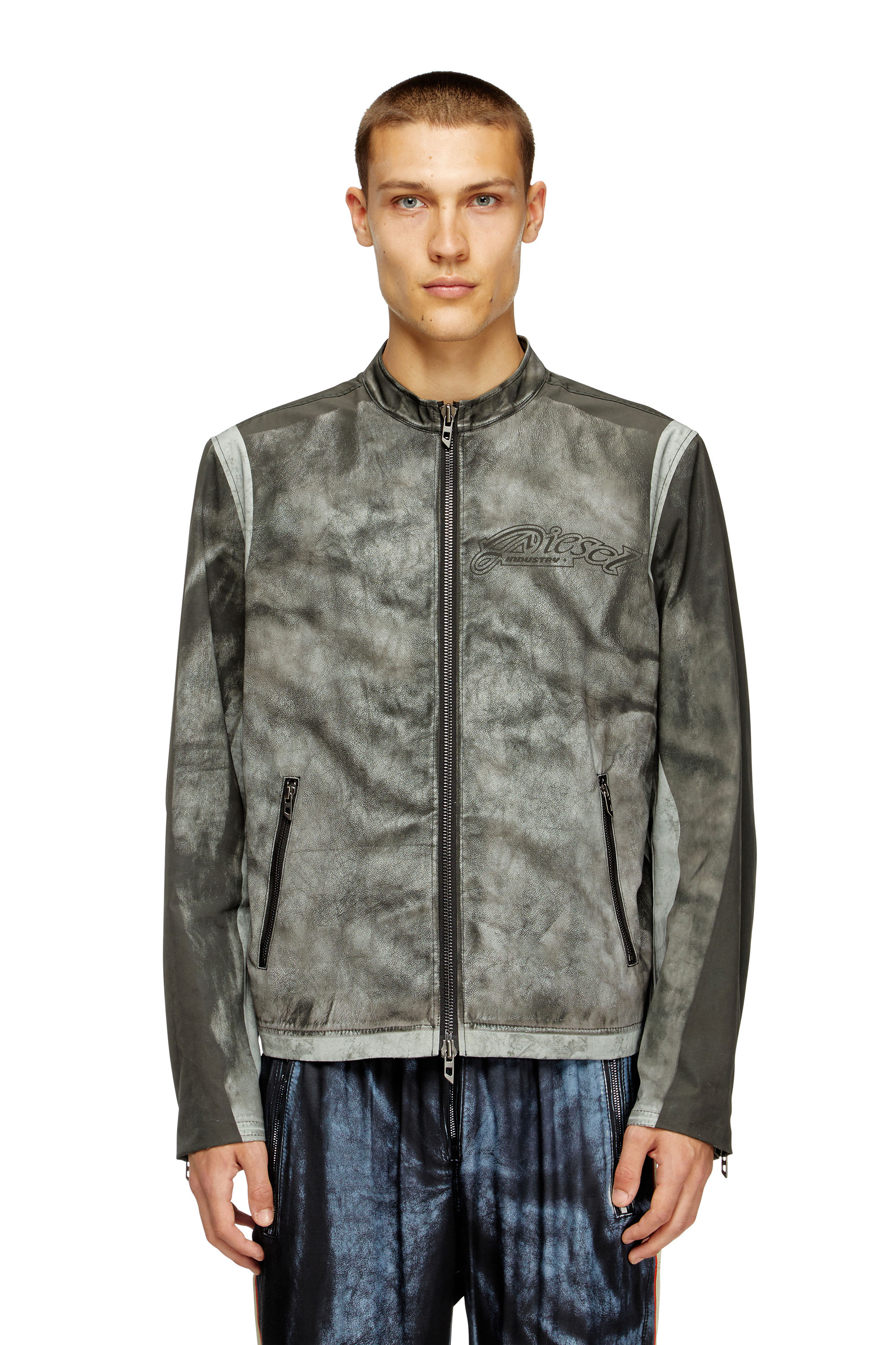 Diesel - J-EVERT, Man's Biker jacket in printed canvas in Dark grey - 1
