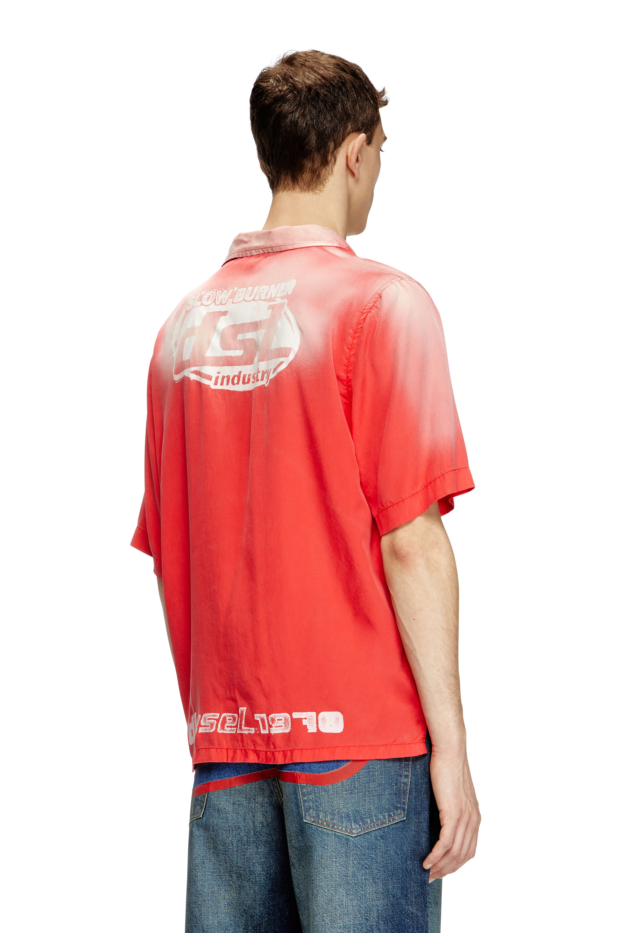 Diesel - S-ELLY, Man's Faded bowling shirt with logo prints in Red - 3