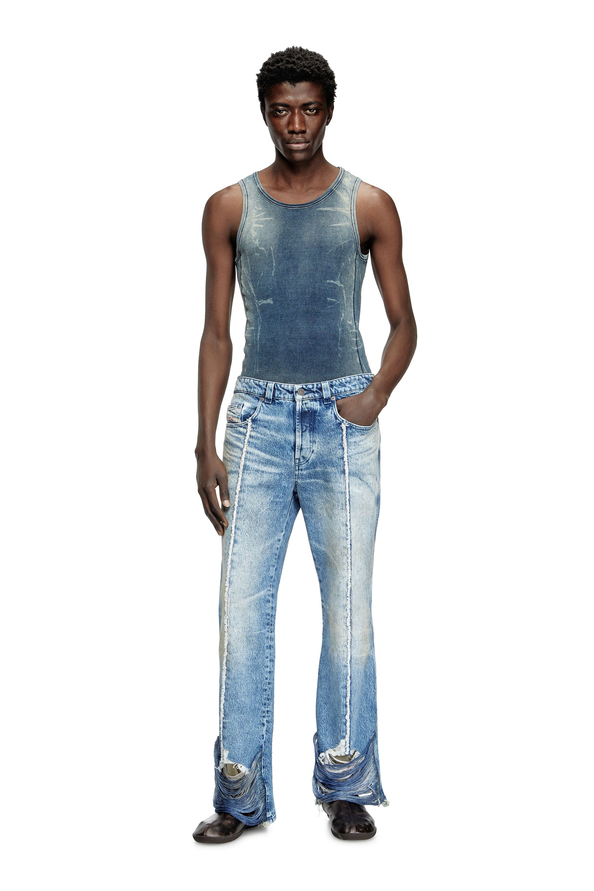 Diesel - T-GO, Camiseta de canalé con efecto trampantojo en denim Unisex in Azul marino - 3