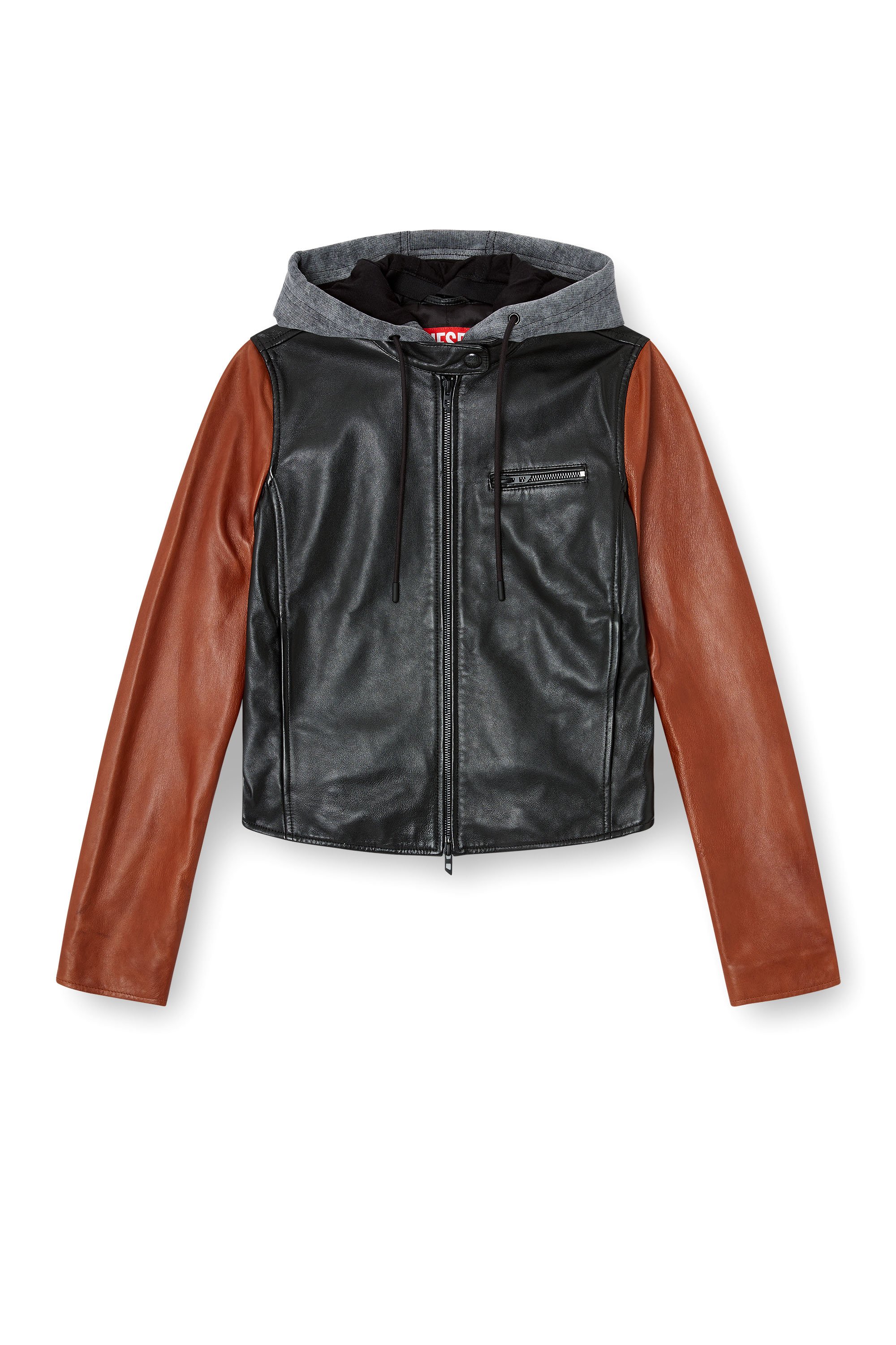 Diesel - L-OUDER, Woman's Colour-block leather jacket in Black/Brown - 5