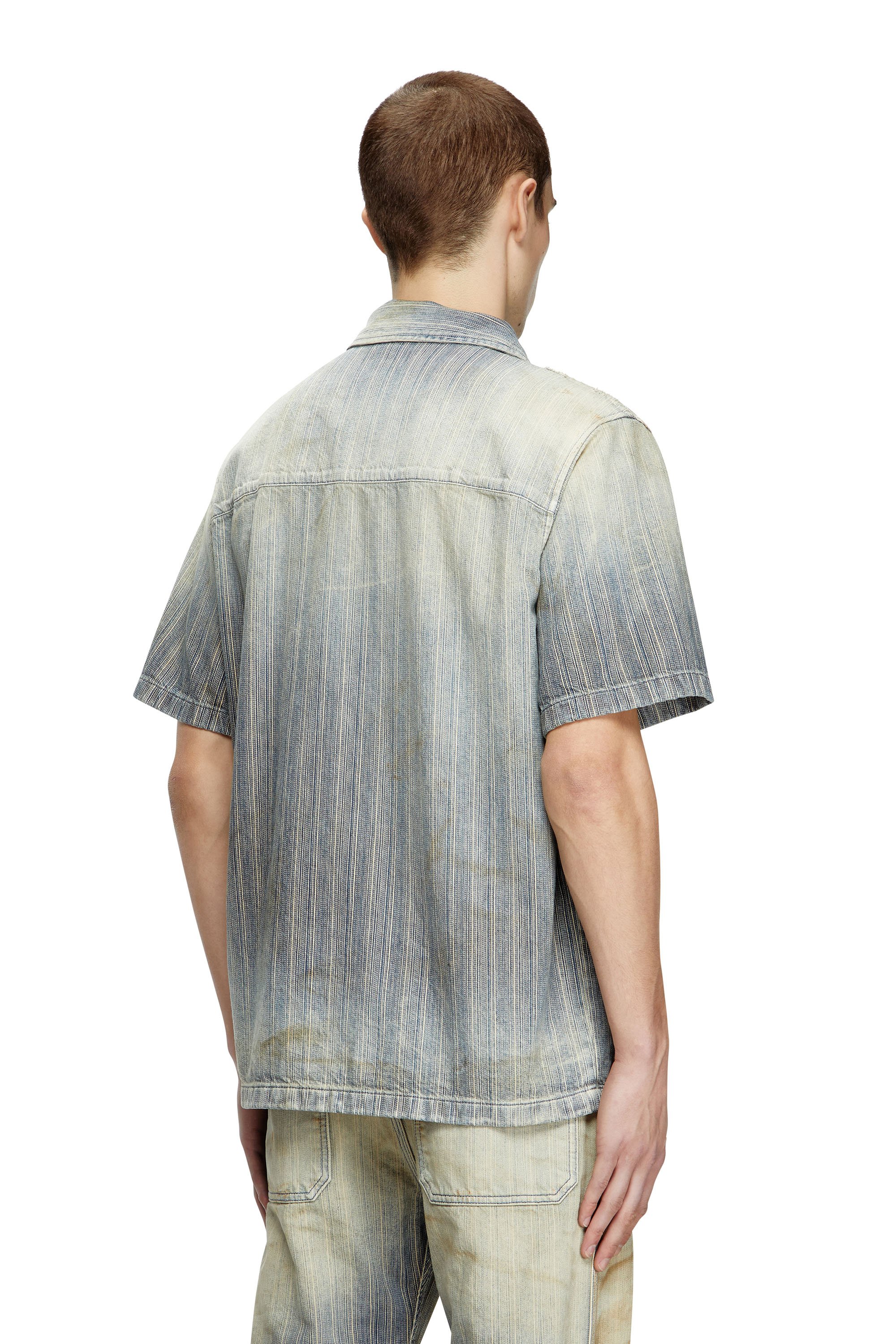 Diesel - D-NABIL-D, Man's Bowling shirt in striped indigo denim in Medium blue - 2