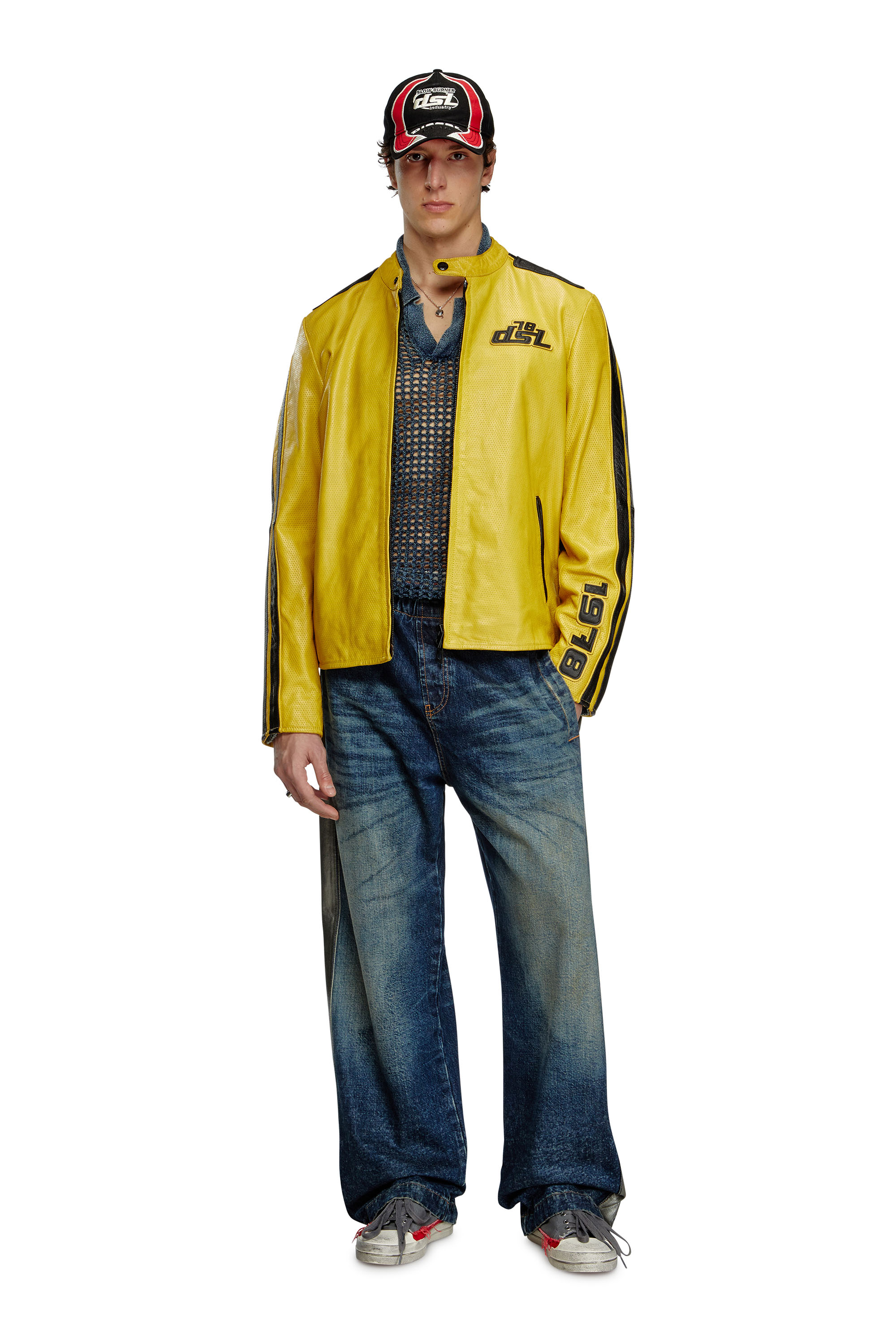 Diesel - L-POP, Chaqueta de motorista de cuero perforado Unisex in Amarillo - 2