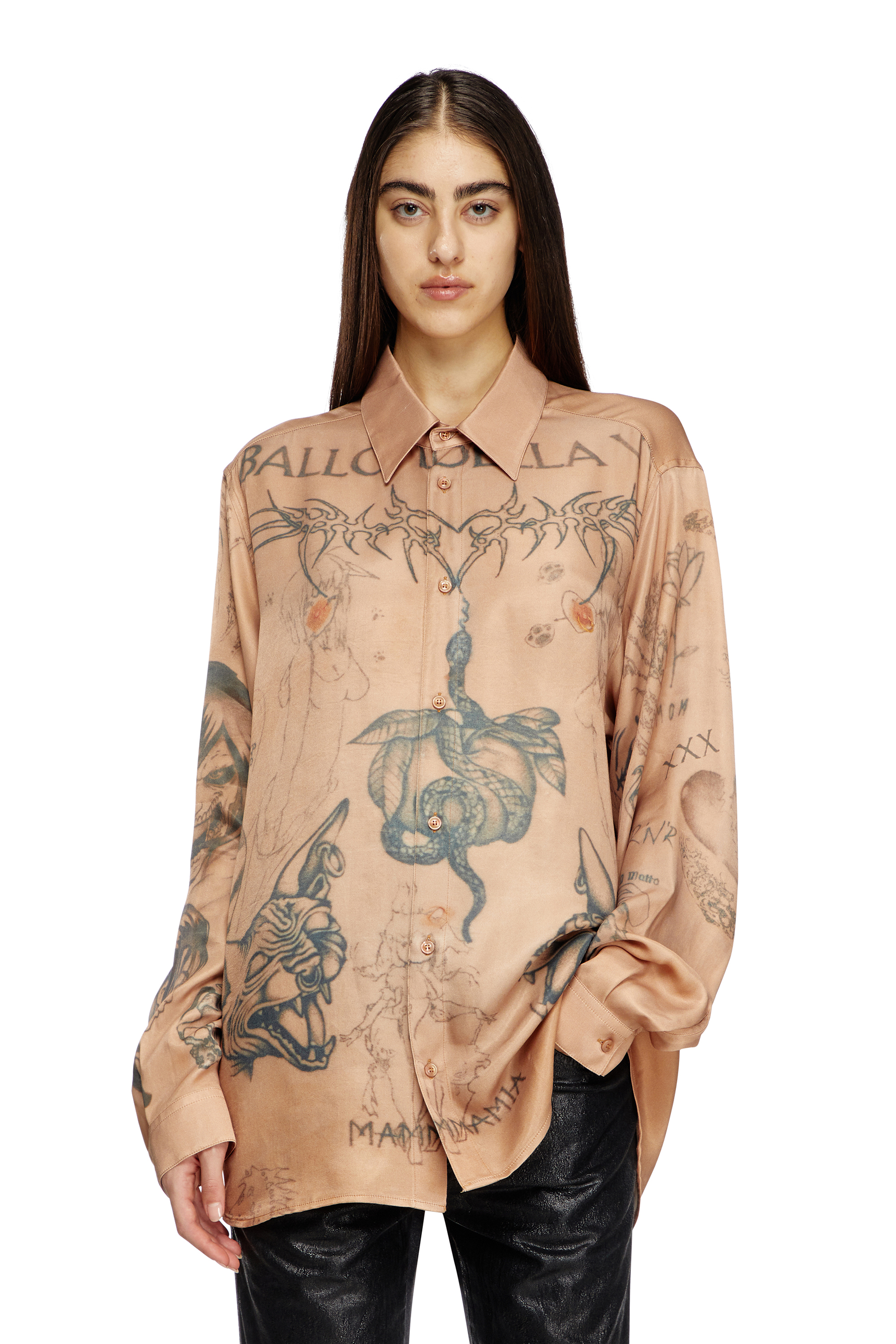 Diesel - S-SIMPLY-TTO-DD, Camisa de satén fluido con estampado de tatuaje Unisex in Beige - 6