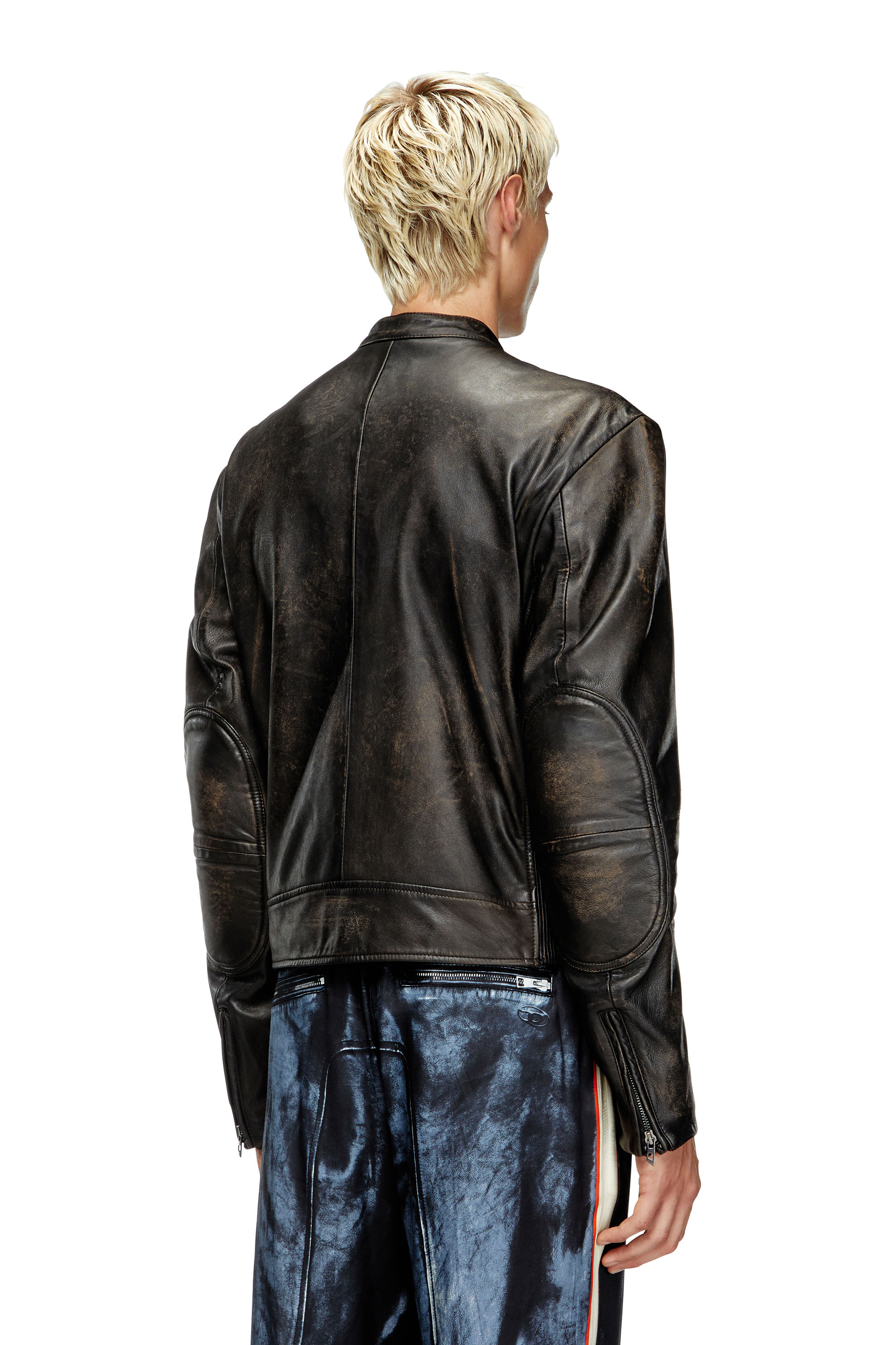 Diesel - L-AROSS, Man's Distressed leather biker jacket in Dark Brown - 3