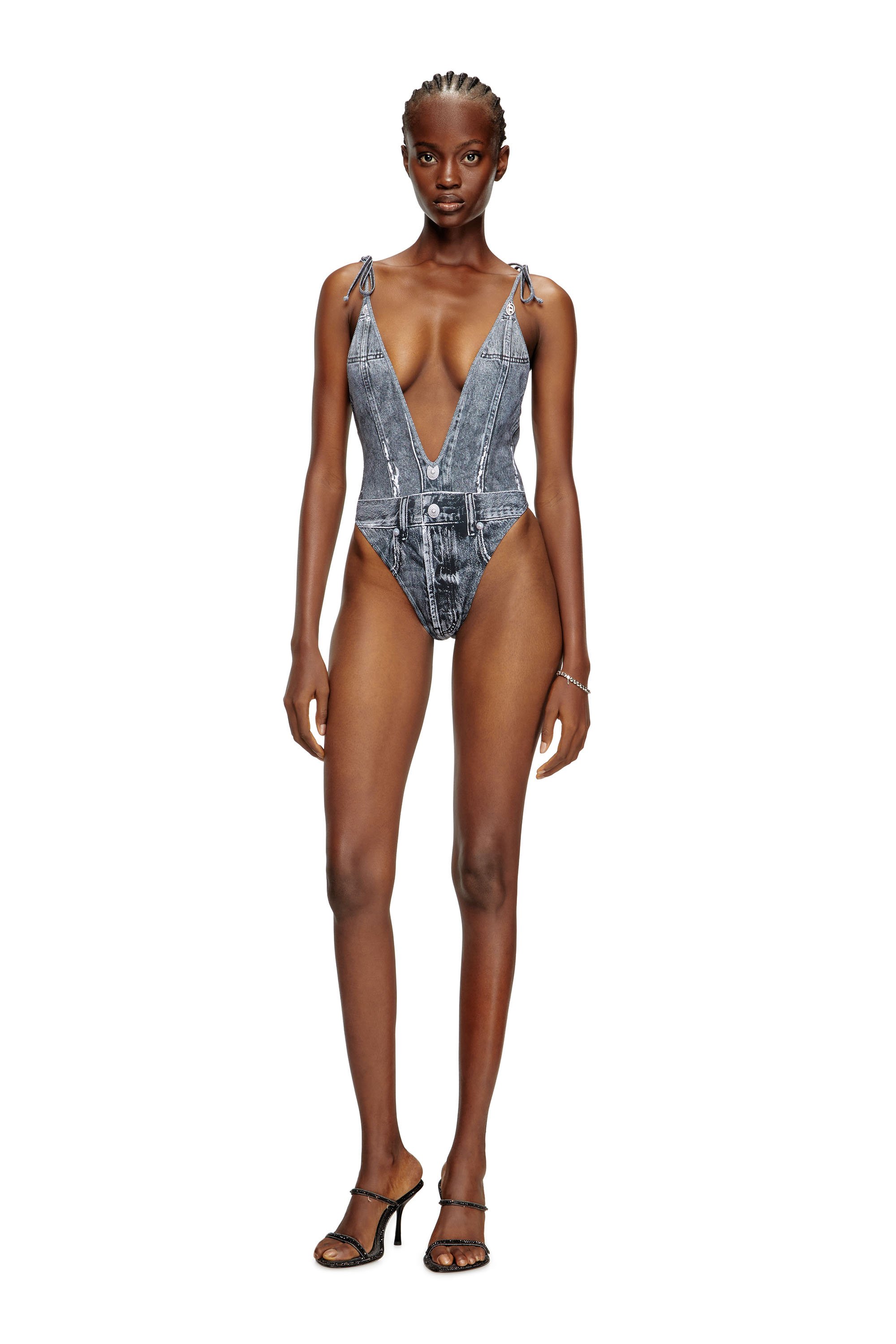 Diesel - KINSLEY-DNM, Bañador con escote pronunciado y trampantojo de denim Mujer in Azul marino - 2