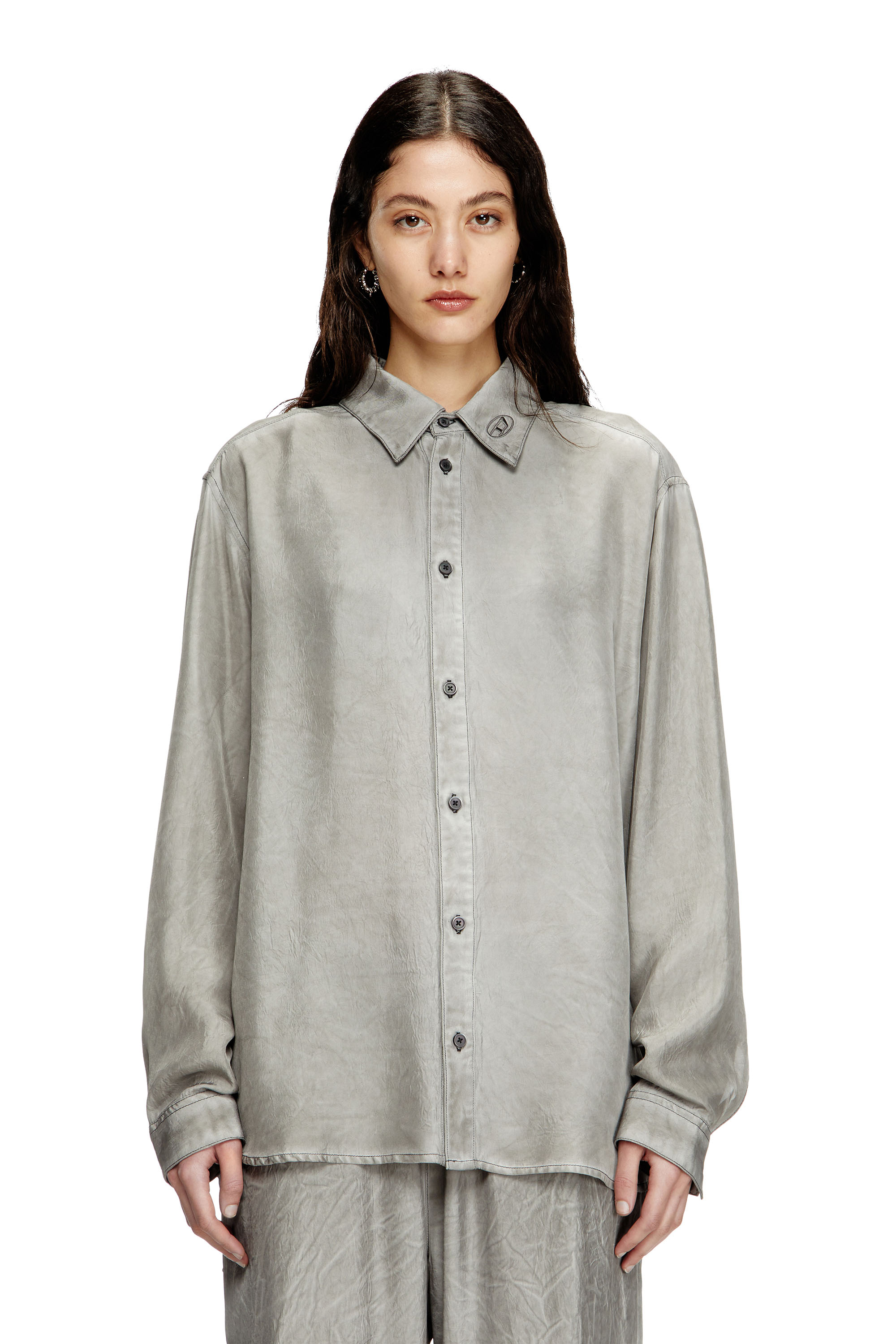 Diesel - S-LEON, Unisex's Fluid crinkled shirt with logo collar in Grey - 4