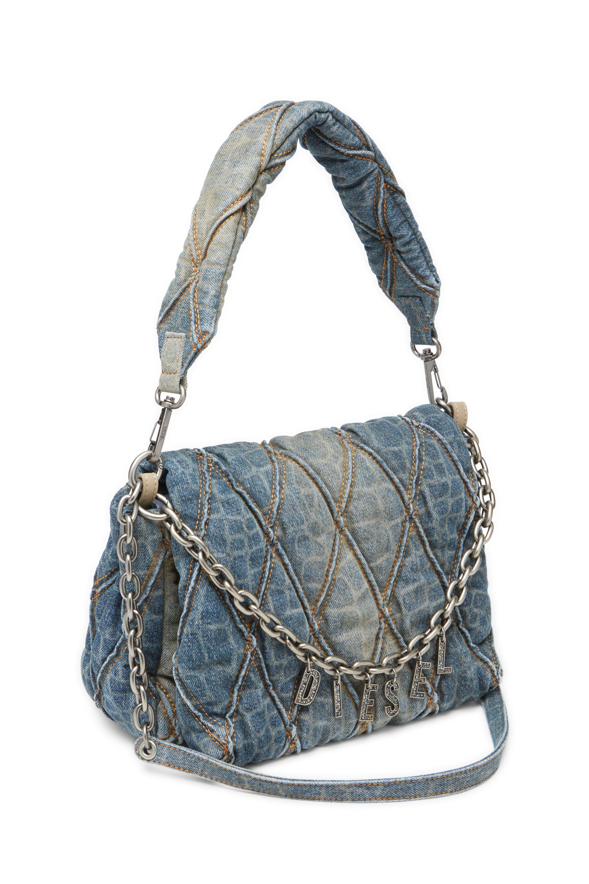 Diesel - CNY CHARM-D SHOULDER M, Bolso de hombro de denim acolchado con estampado de serpiente Mujer in Azul marino - 5