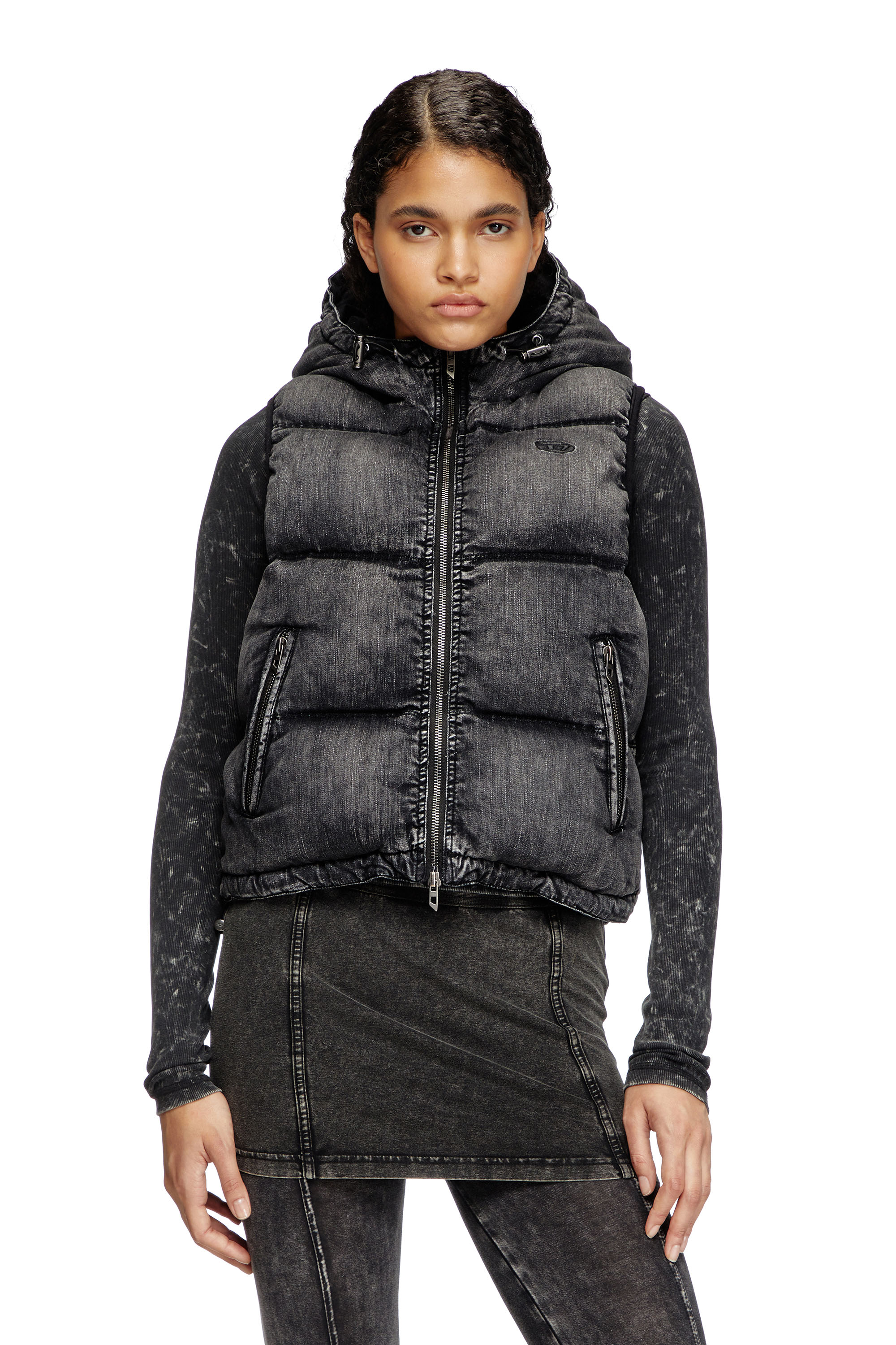 Diesel - W-HOPPER, Woman's Hooded puffer vest in faded denim in Black - 1