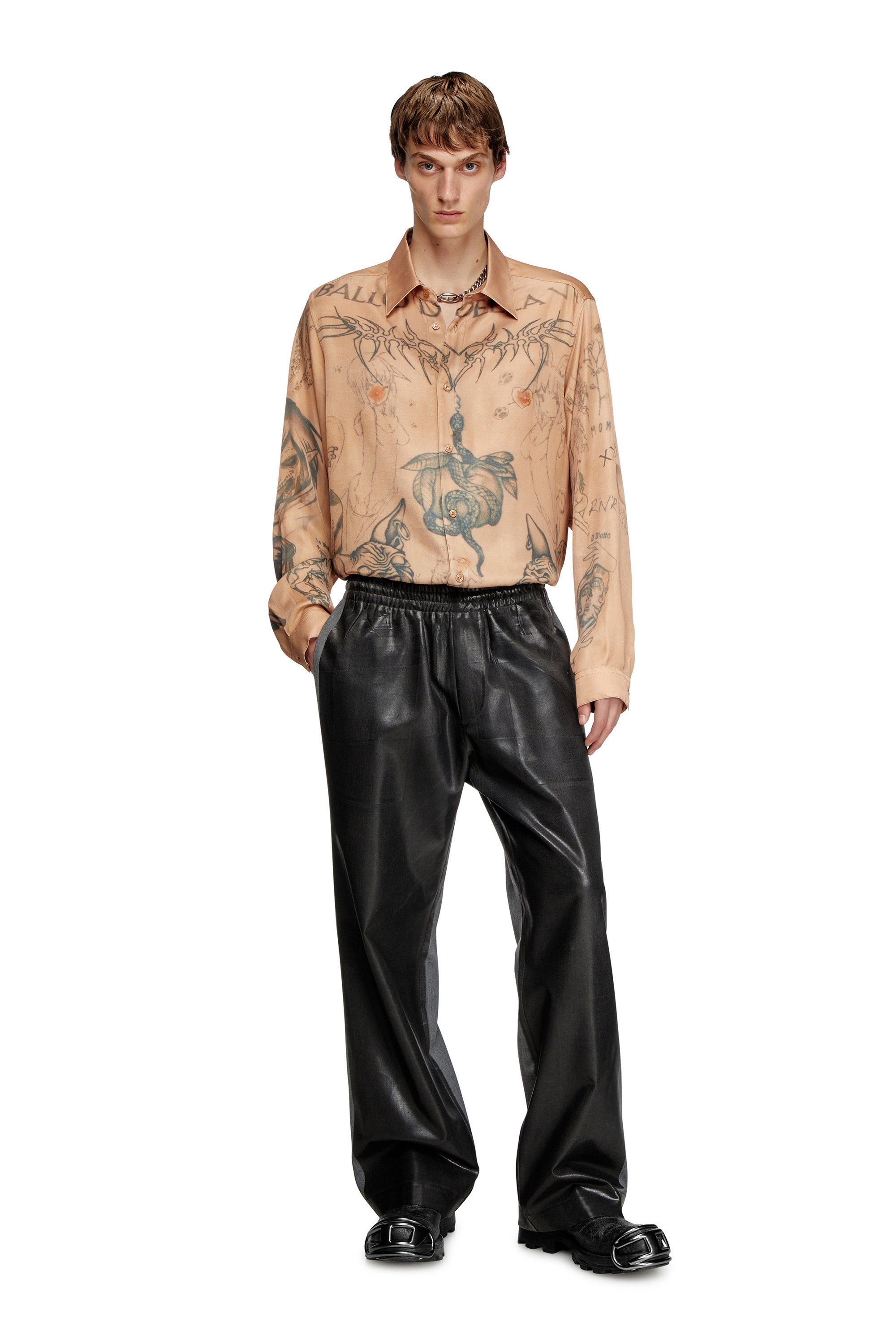 Diesel - S-SIMPLY-TTO-DD, Unisex's Fluid satin shirt with tattoo print in Beige - 1