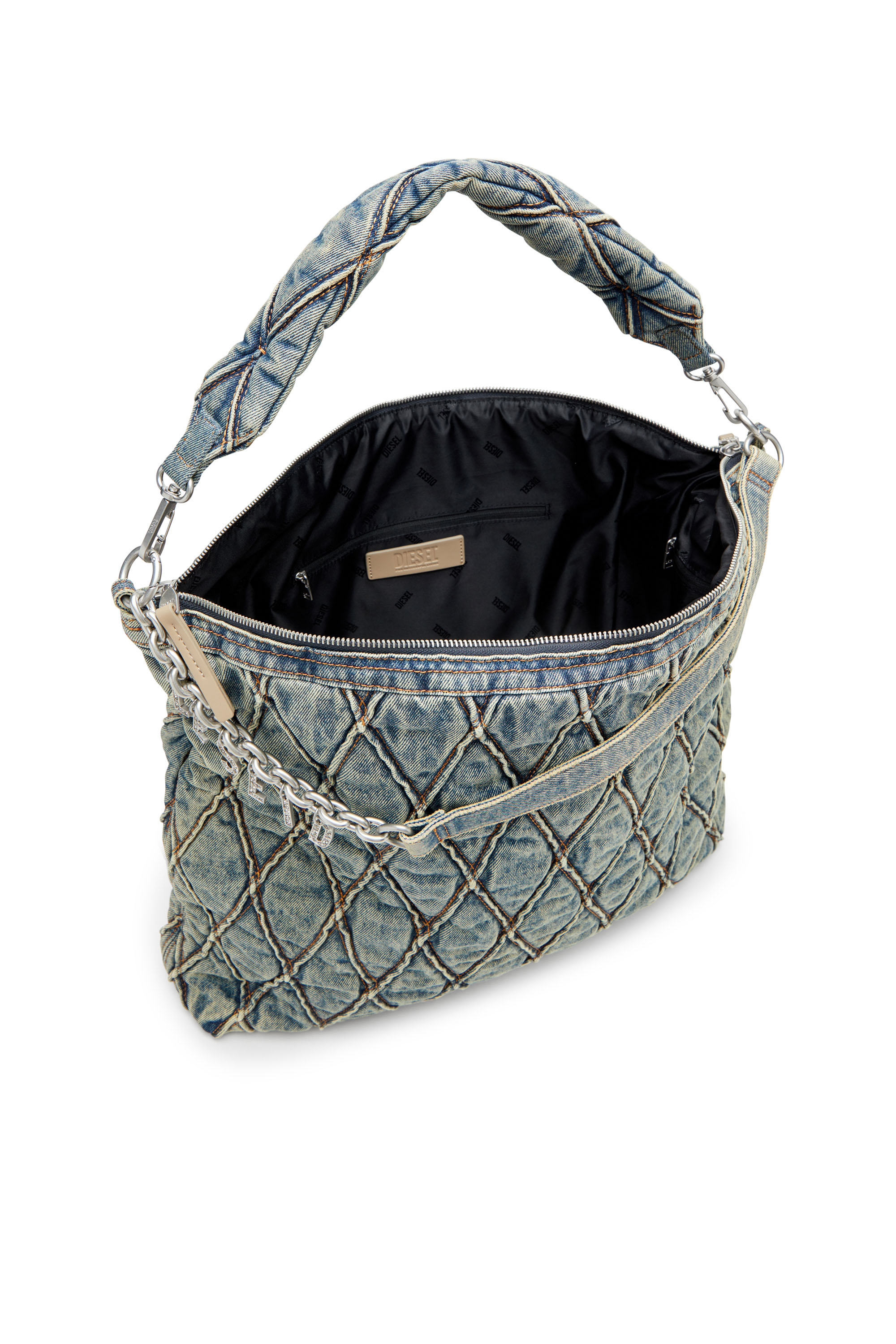 Diesel - CHARM-D HOBO, Charm-D-Bolso hobo grande en denim acolchado con motivo argyle Mujer in Azul marino - 4