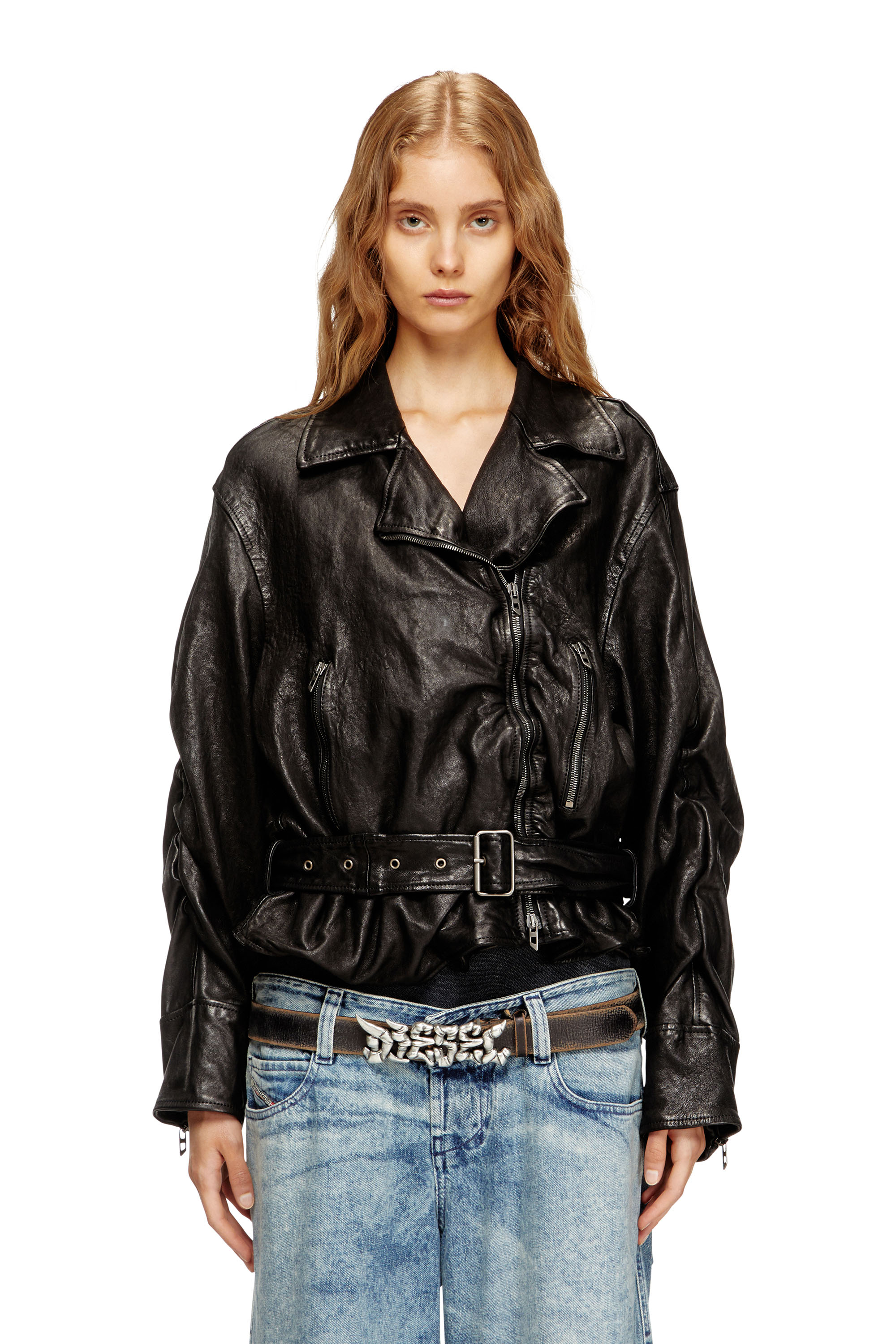 Diesel - L-OYS, Chaqueta con cinturón en cuero hervido Mujer in Negro - 1