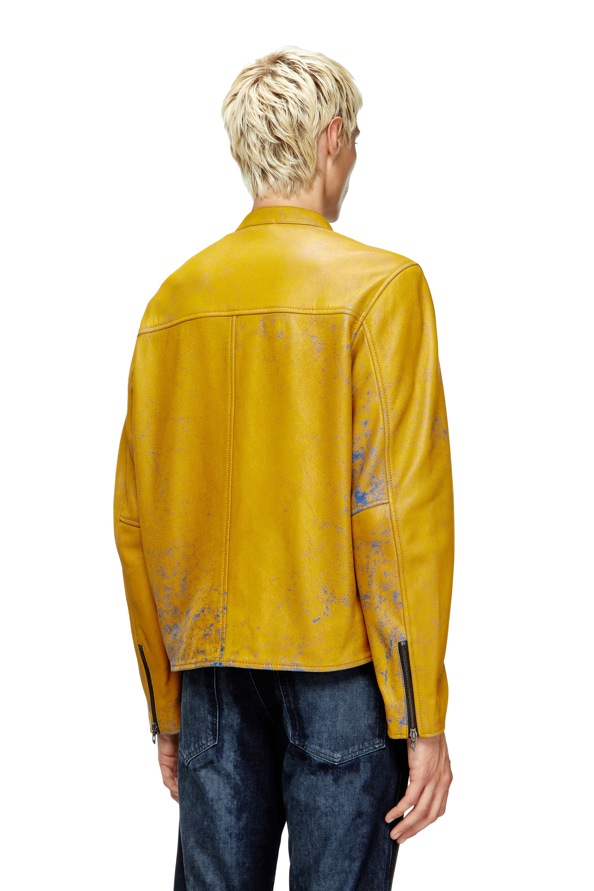 Diesel - L-EVERT-A, Man's Treated leather biker jacket with faded logo in Yellow - 3