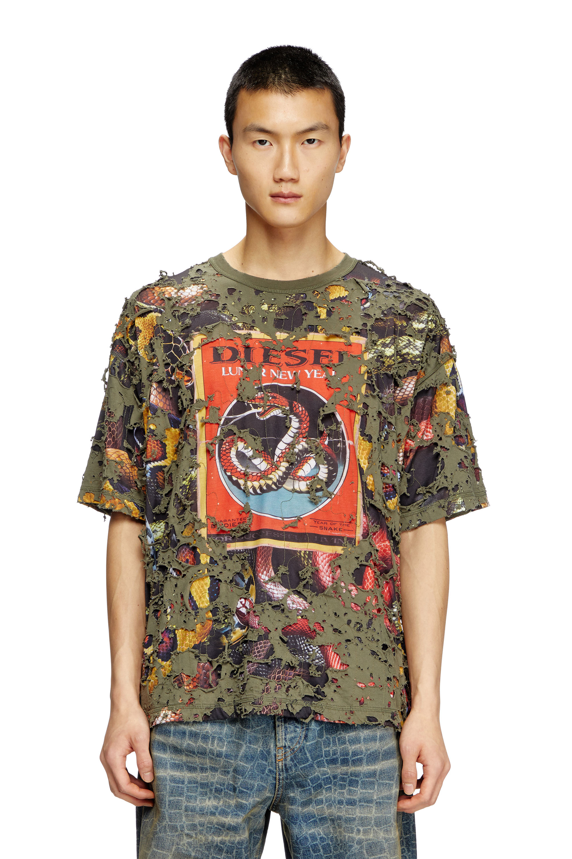 Diesel - CL-T-BOXT-DEVOR-SNAKE, Camiseta con estampado de serpiente y capa destruida Unisex in Verde - 2