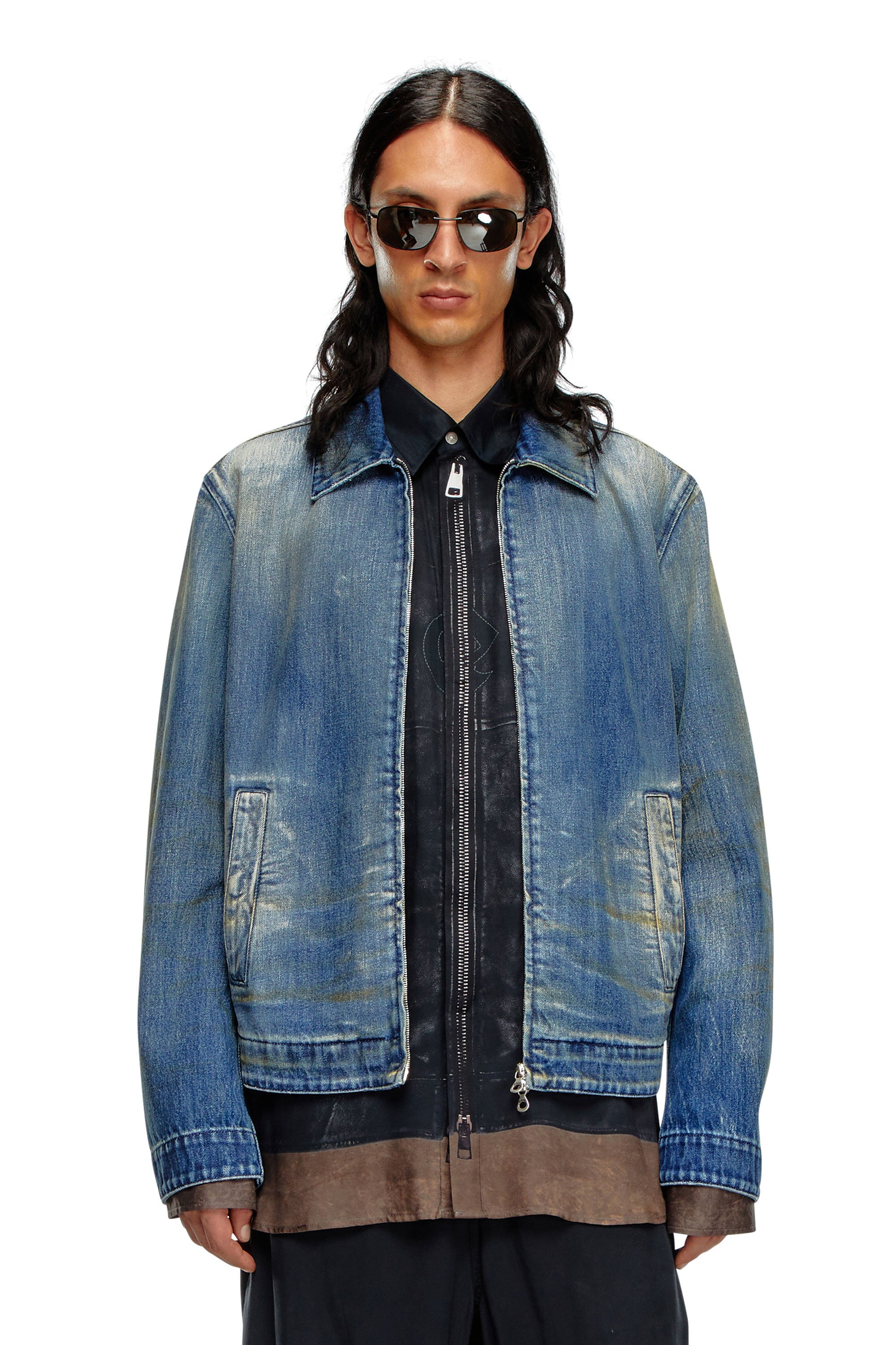 Diesel - D-ROHE, Man Denim blouson jacket with dirt wash in Blue - Image 1