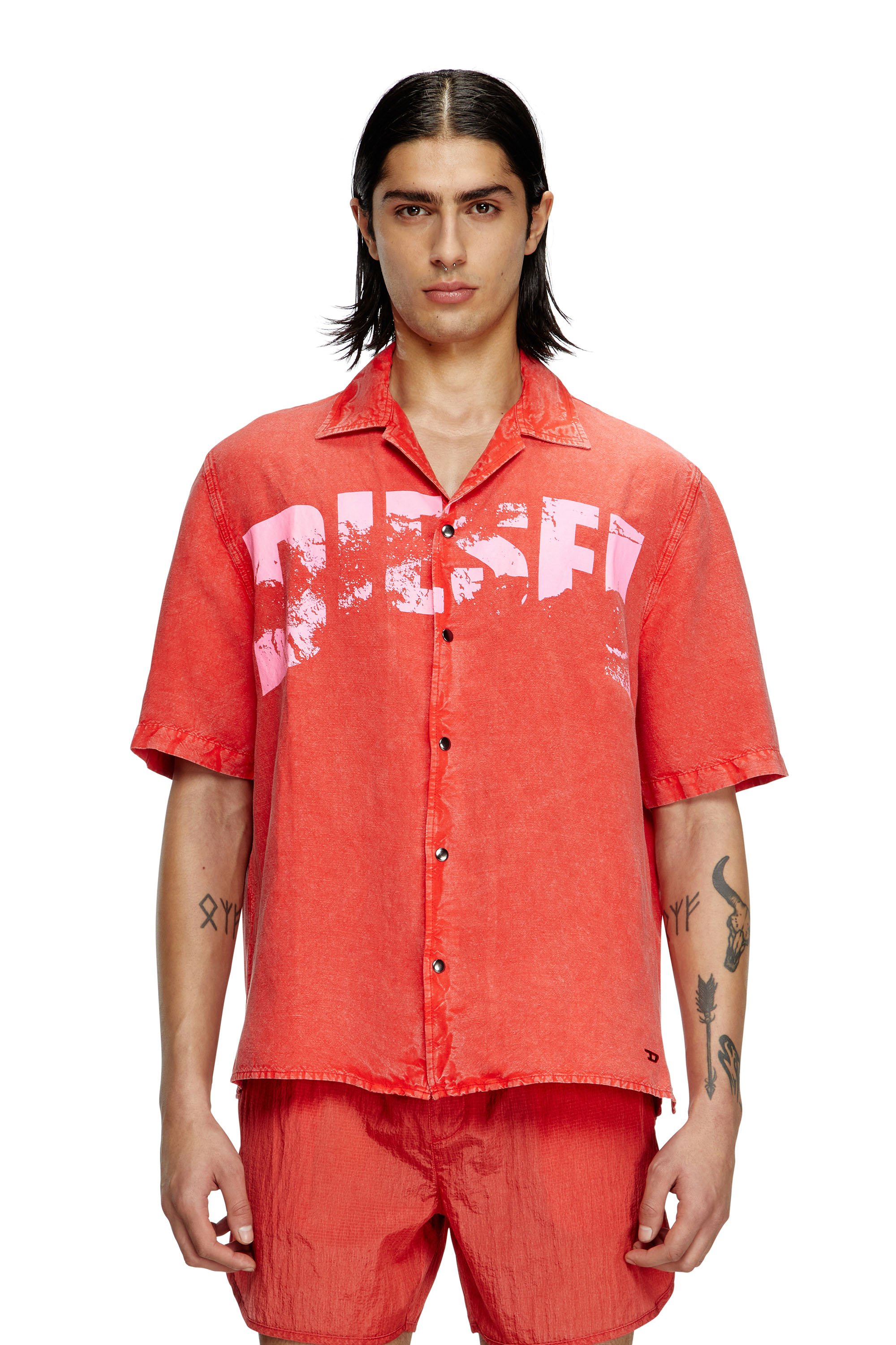 Diesel - CHARLES-D-POP, Camisa de playa de mezcla de lino Hombre in Rojo - 1