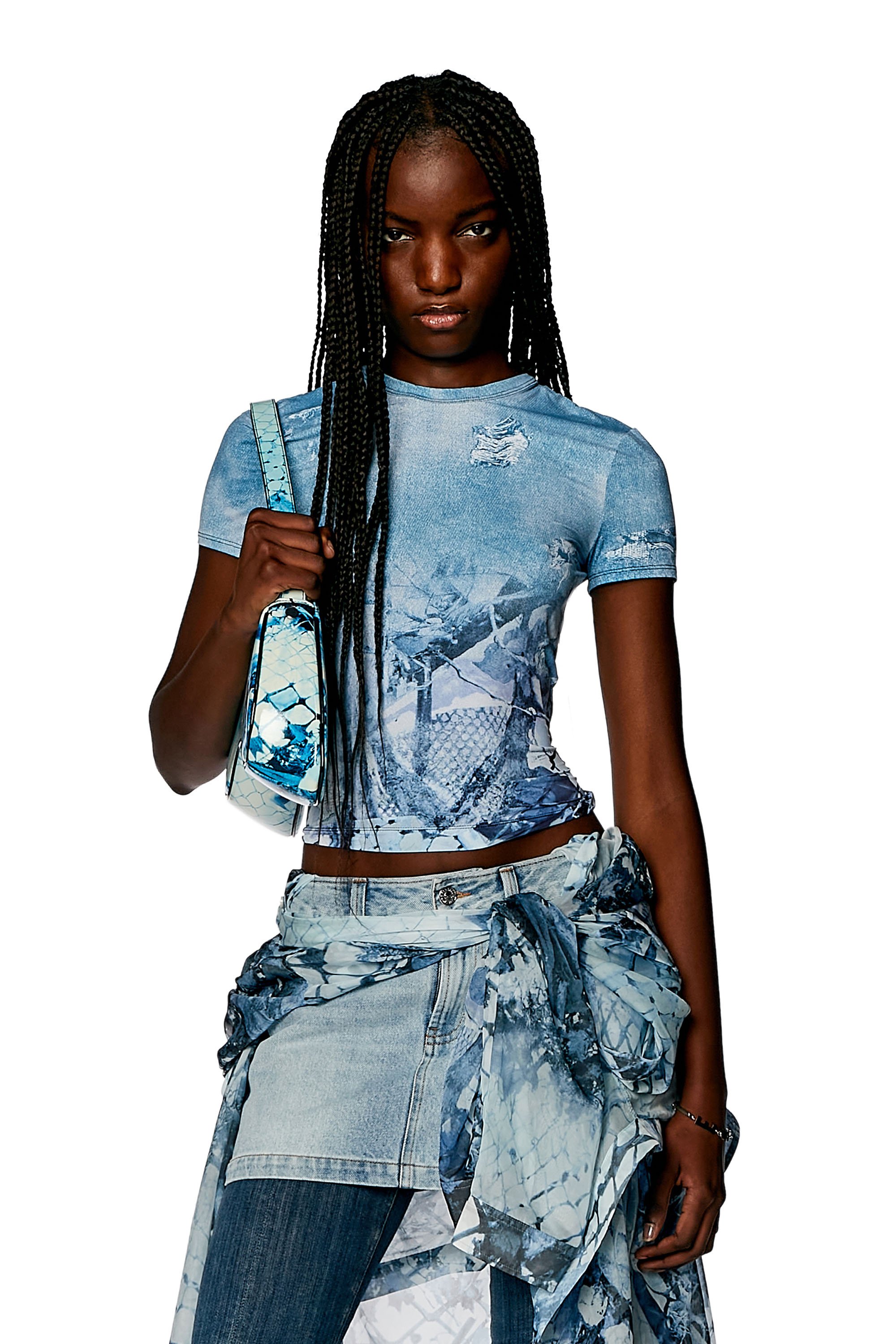 Diesel - T-UNCSKI, Woman Cropped T-shirt with abstract print in Blue - Image 1