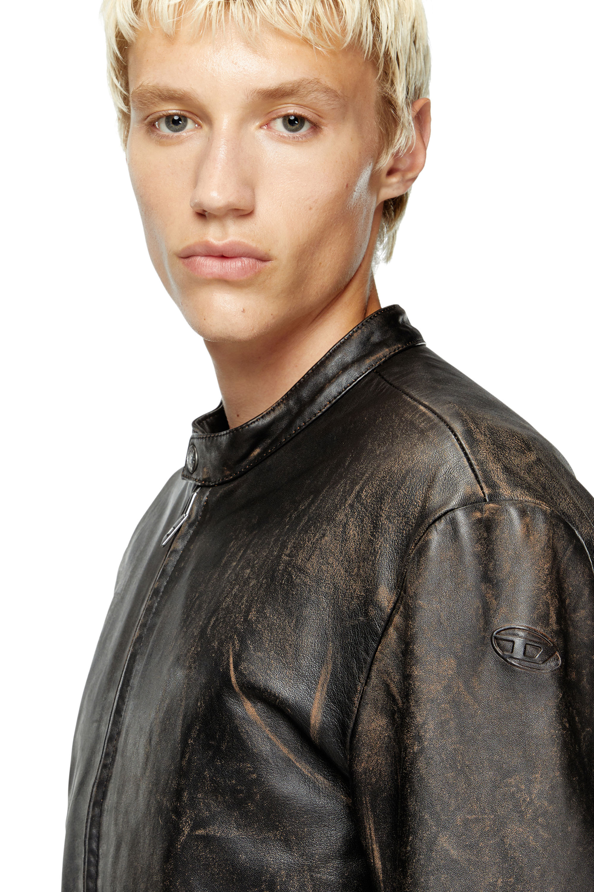 Diesel - L-AROSS, Man's Distressed leather biker jacket in Dark Brown - 4