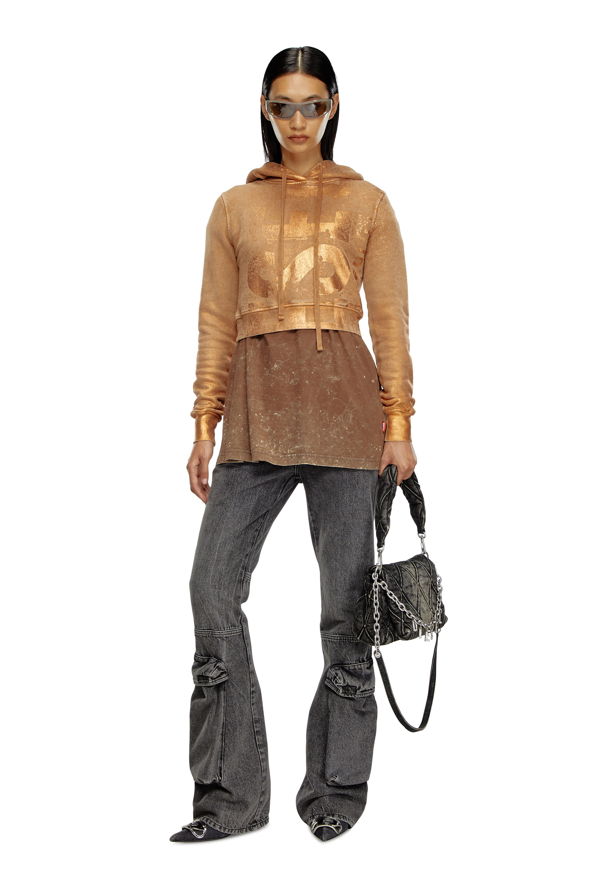 Diesel - F-SLIMMY-HOOD-P6, Woman's Cropped hoodie with metallic effects in Light Brown - 4