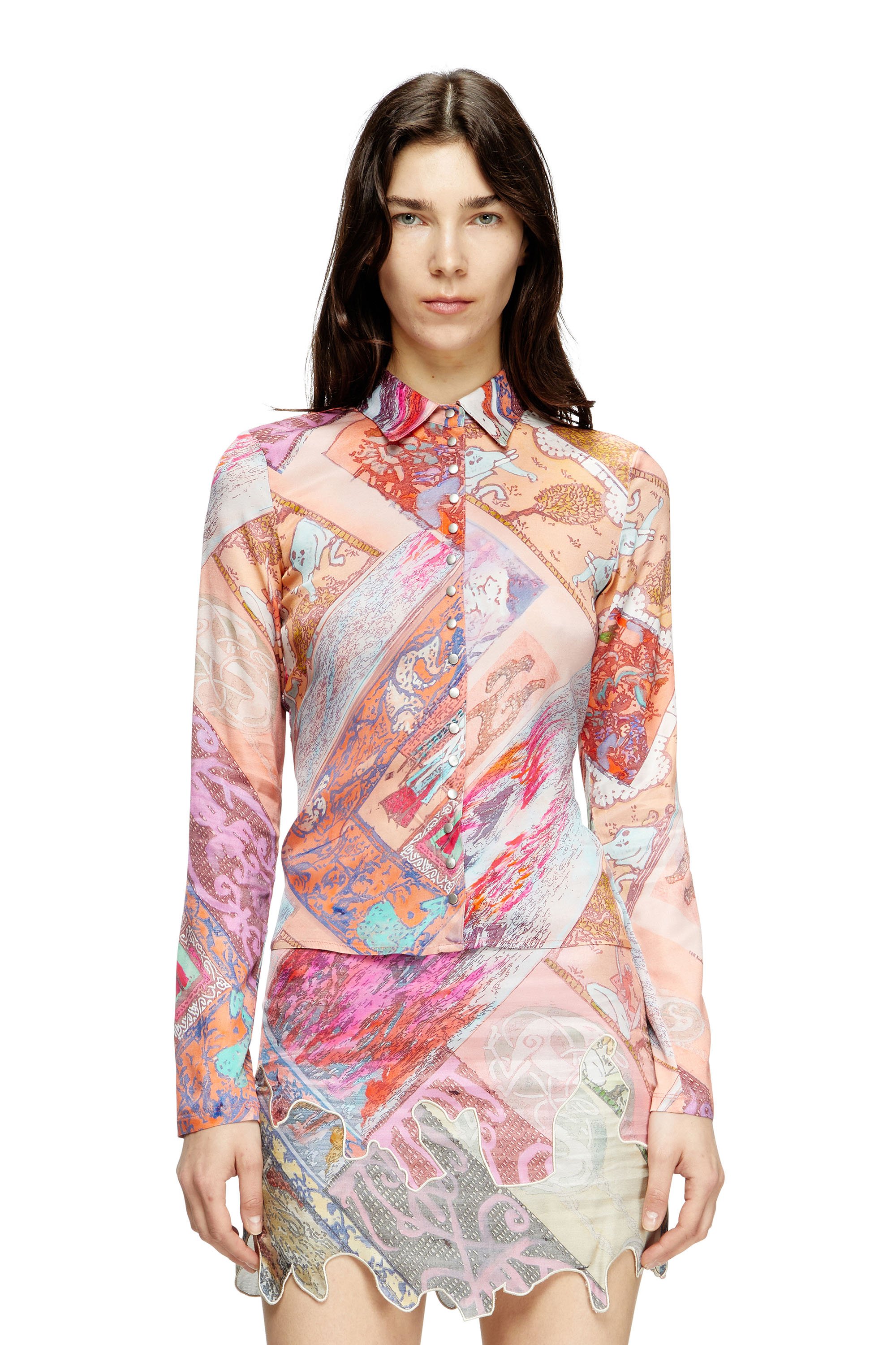 Diesel - C-AMELIA, Camisa de viscosa elástica con estampado heráldico Mujer in Rosa - 1