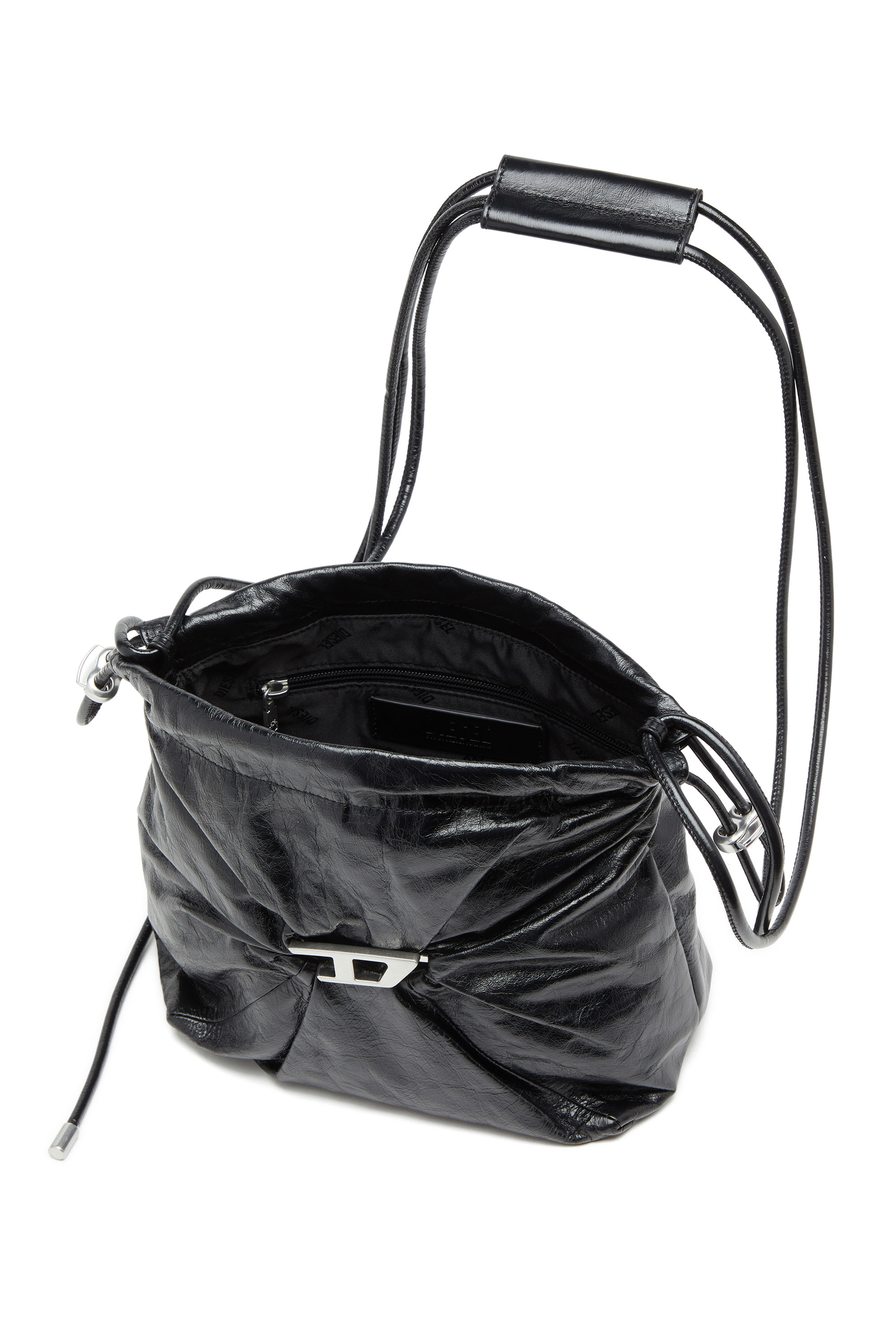 Diesel - SCRUNCH-D BUCKET, Woman's Bucket bag in shiny wrinkled leather in Black - 5