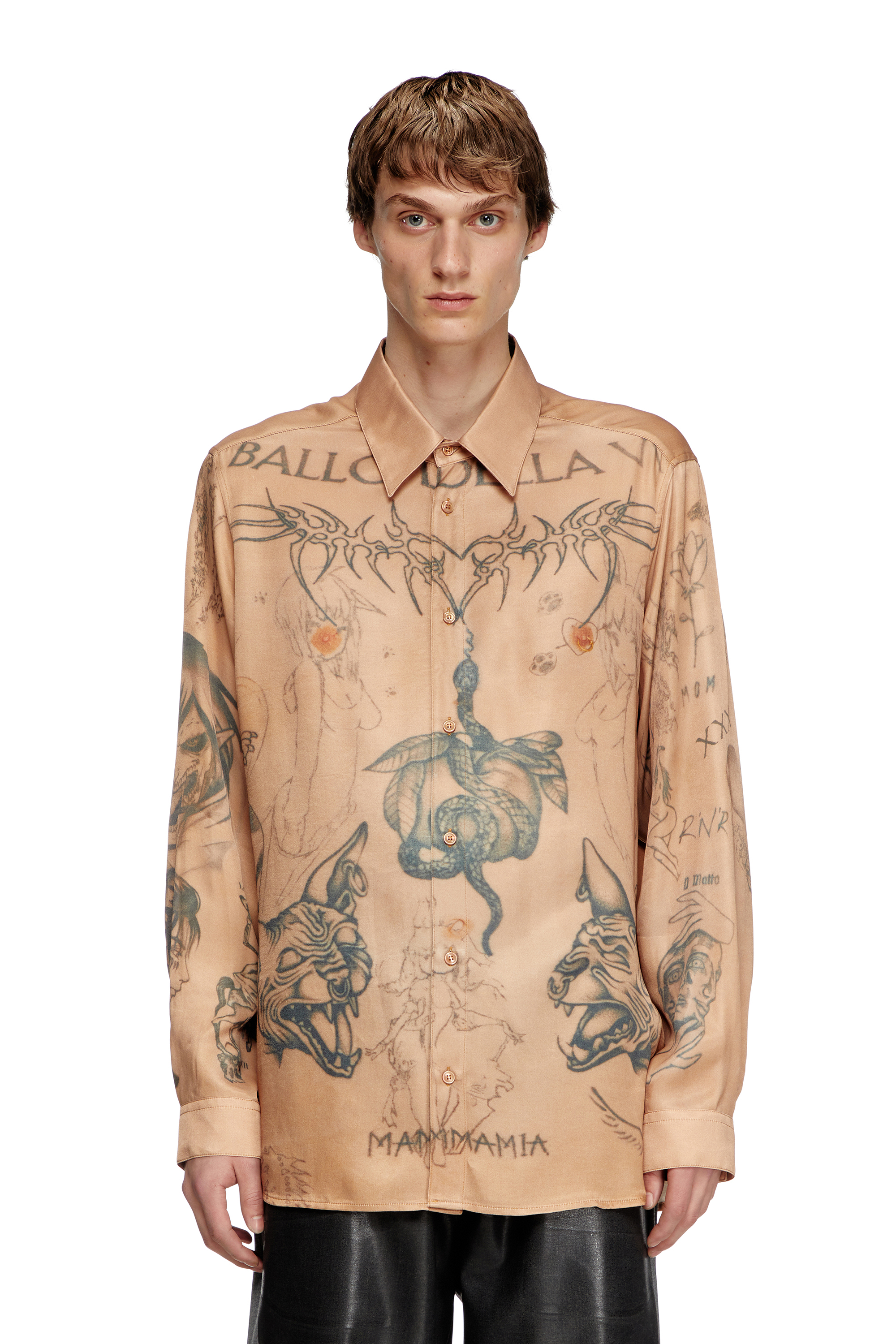 Diesel - S-SIMPLY-TTO-DD, Camisa de satén fluido con estampado de tatuaje Unisex in Beige - 4