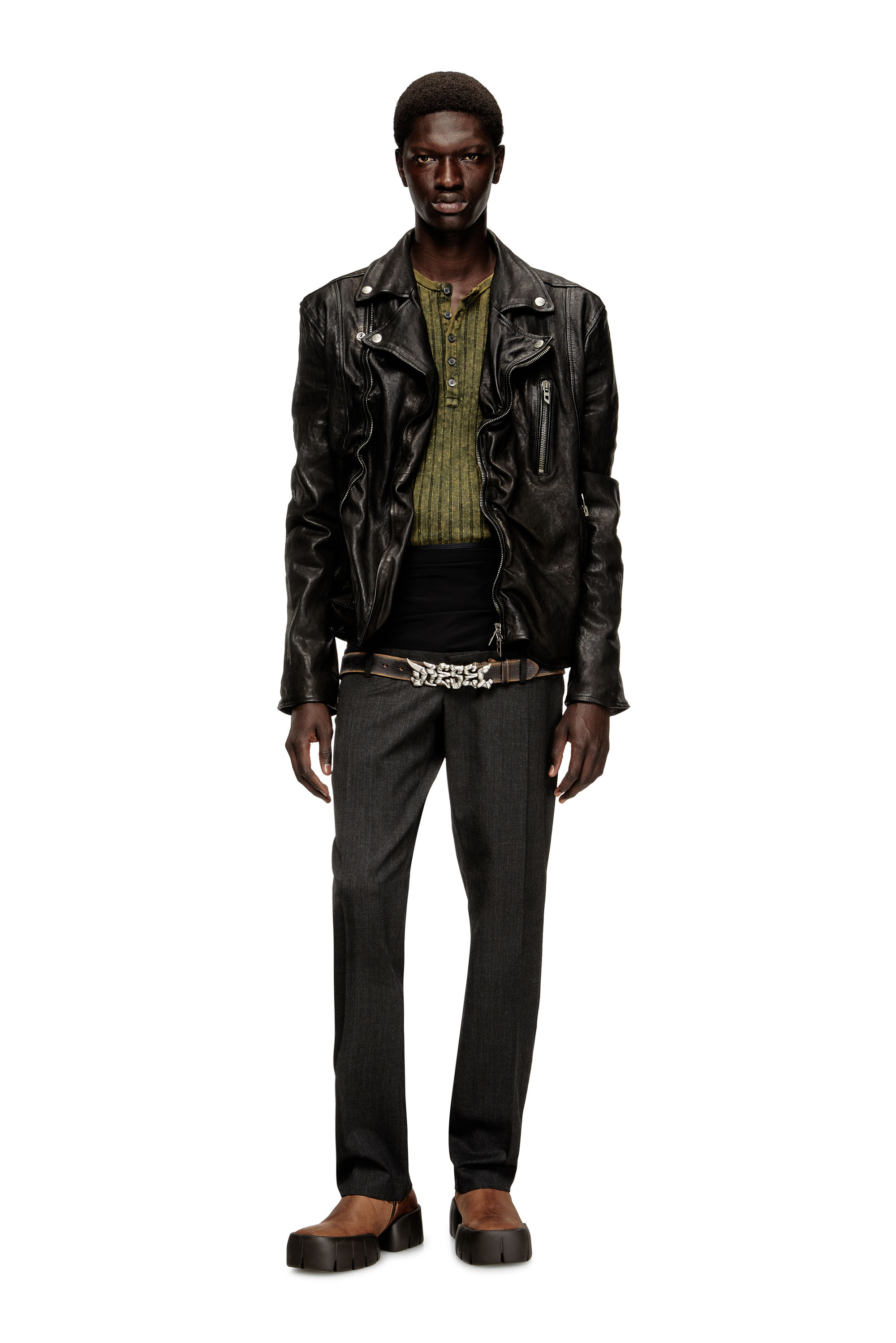 Diesel - T-ALLY, Top Henley en jersey de canalé ancho tratado Hombre in Verde - 2