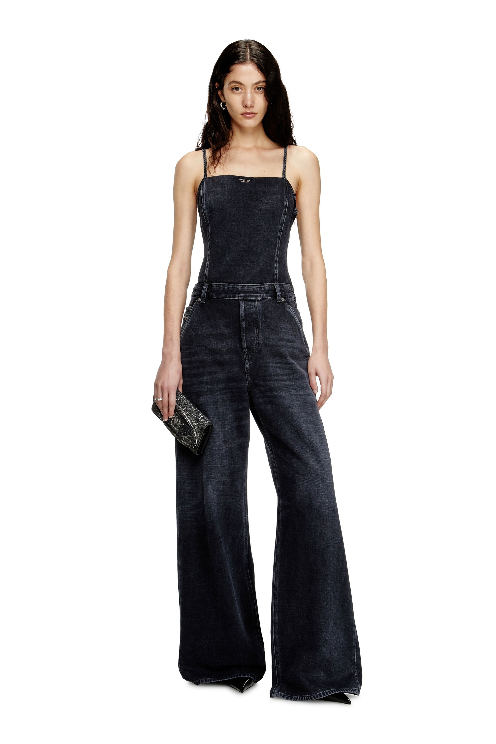 Diesel - DE-VORS, Mono con tiras de denim con tejido batavia Mujer in Negro - 1