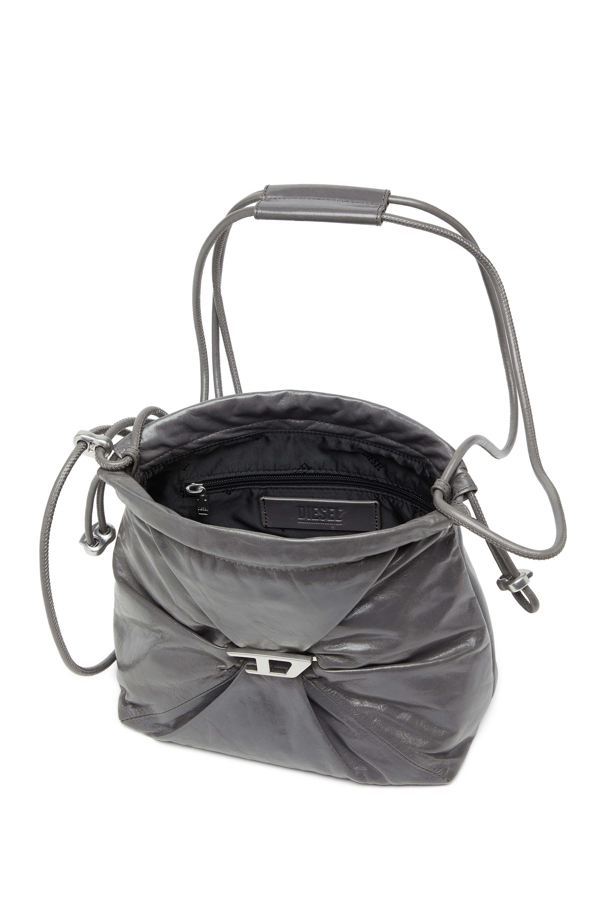 Diesel - SCRUNCH-D BUCKET, Woman's Scrunch-D-Bucket bag in shiny wrinkled leather in Grey - 5