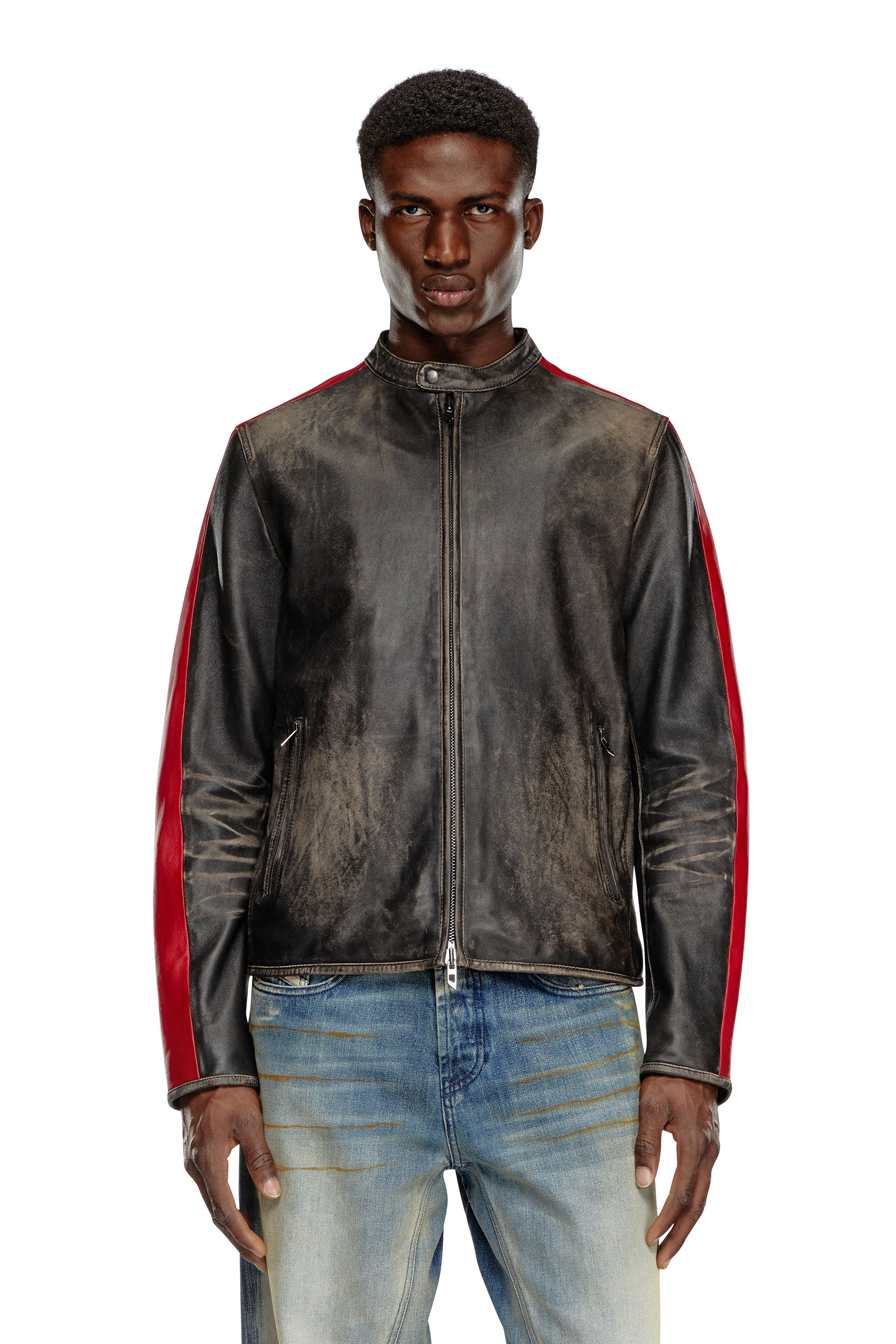 Diesel - L-RENN, Man Leather jacket with contrasting stripes in Multicolor - Image 5