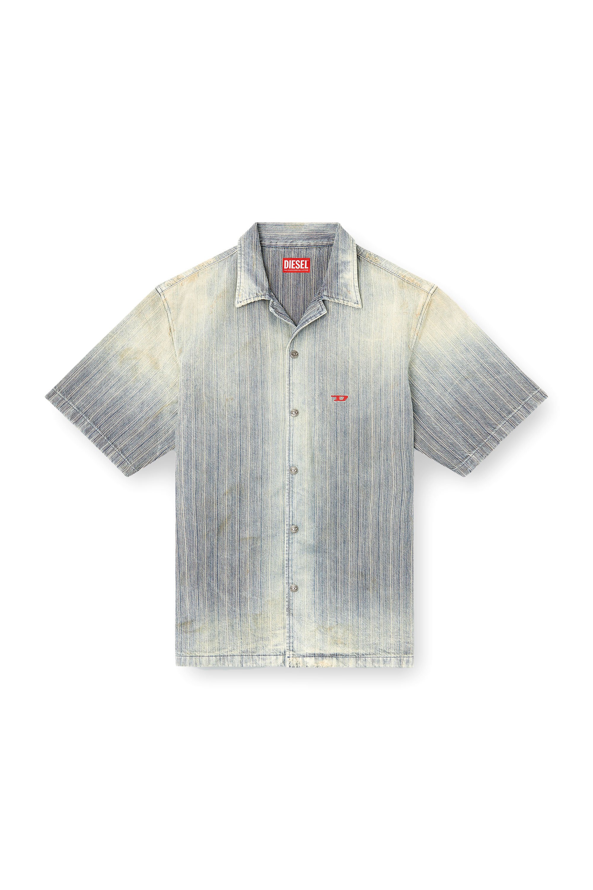 Diesel - D-NABIL-D, Man's Bowling shirt in striped indigo denim in Medium blue - 4