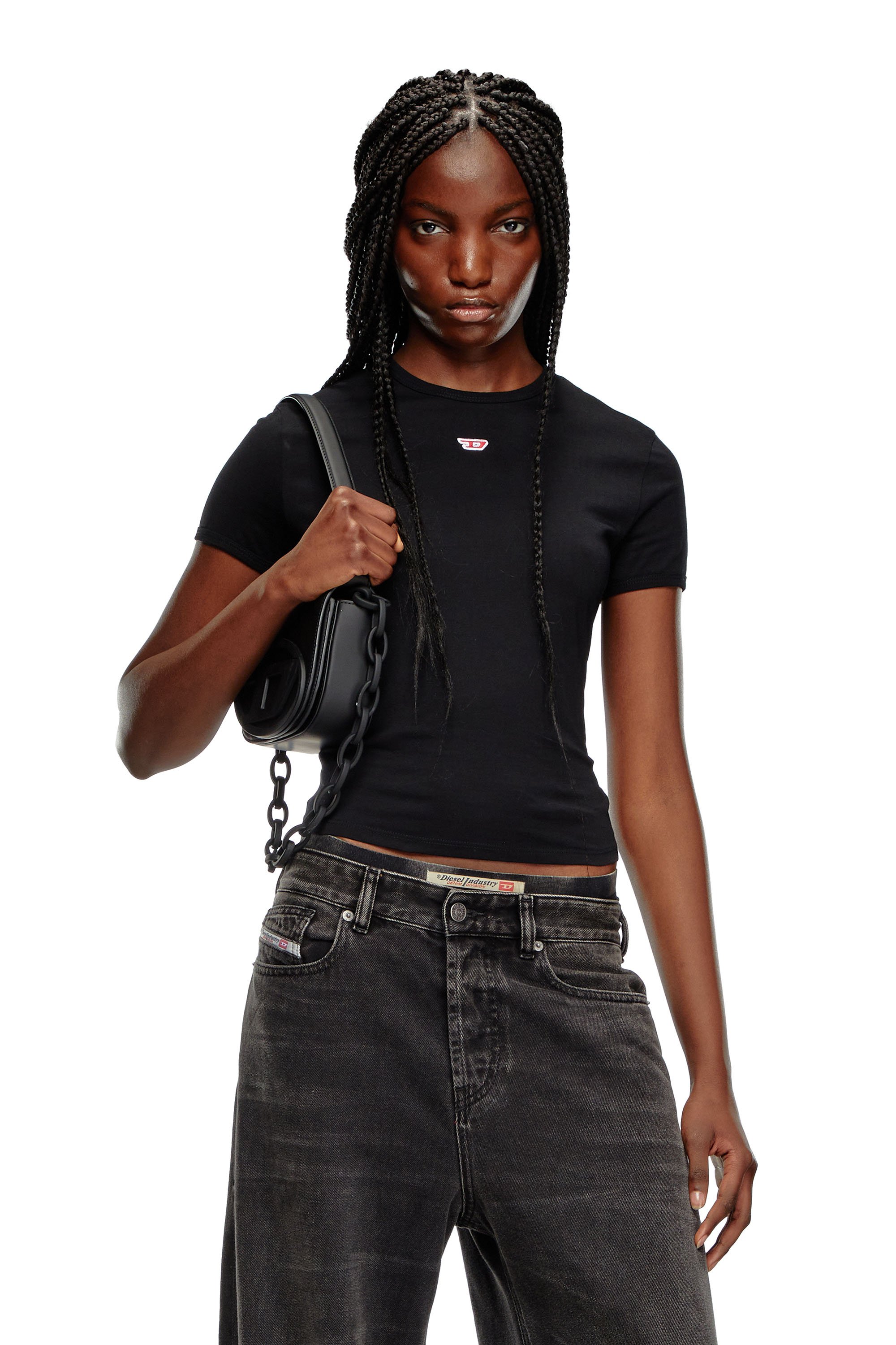 Diesel - T-UNCUTIE-LONG-D, Mujer Camiseta con parche D bordado in Negro - Image 1