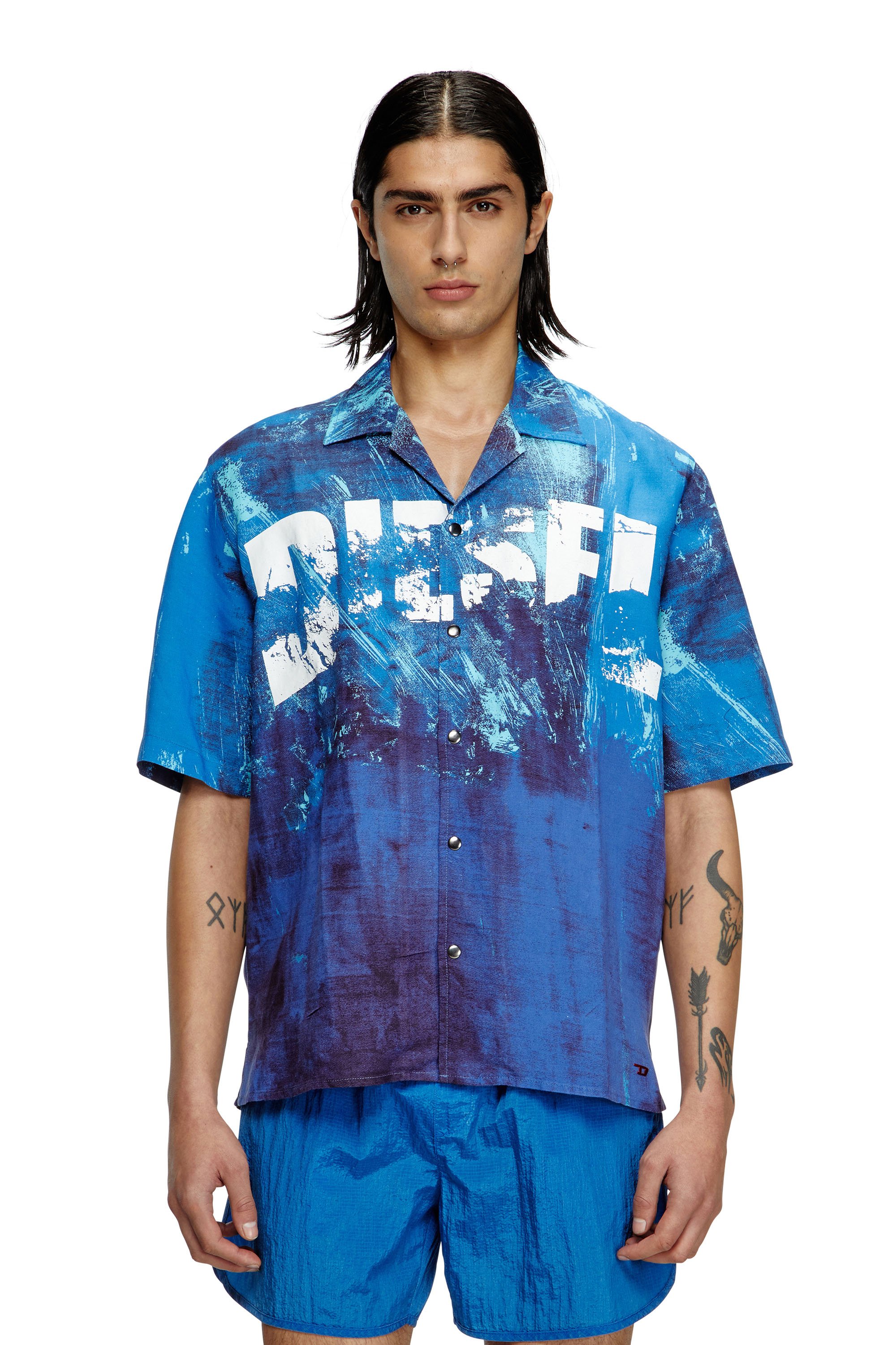 Diesel - CHARLES-D-POP, Camisa de playa de mezcla de lino estampada Hombre in Azul marino - 1