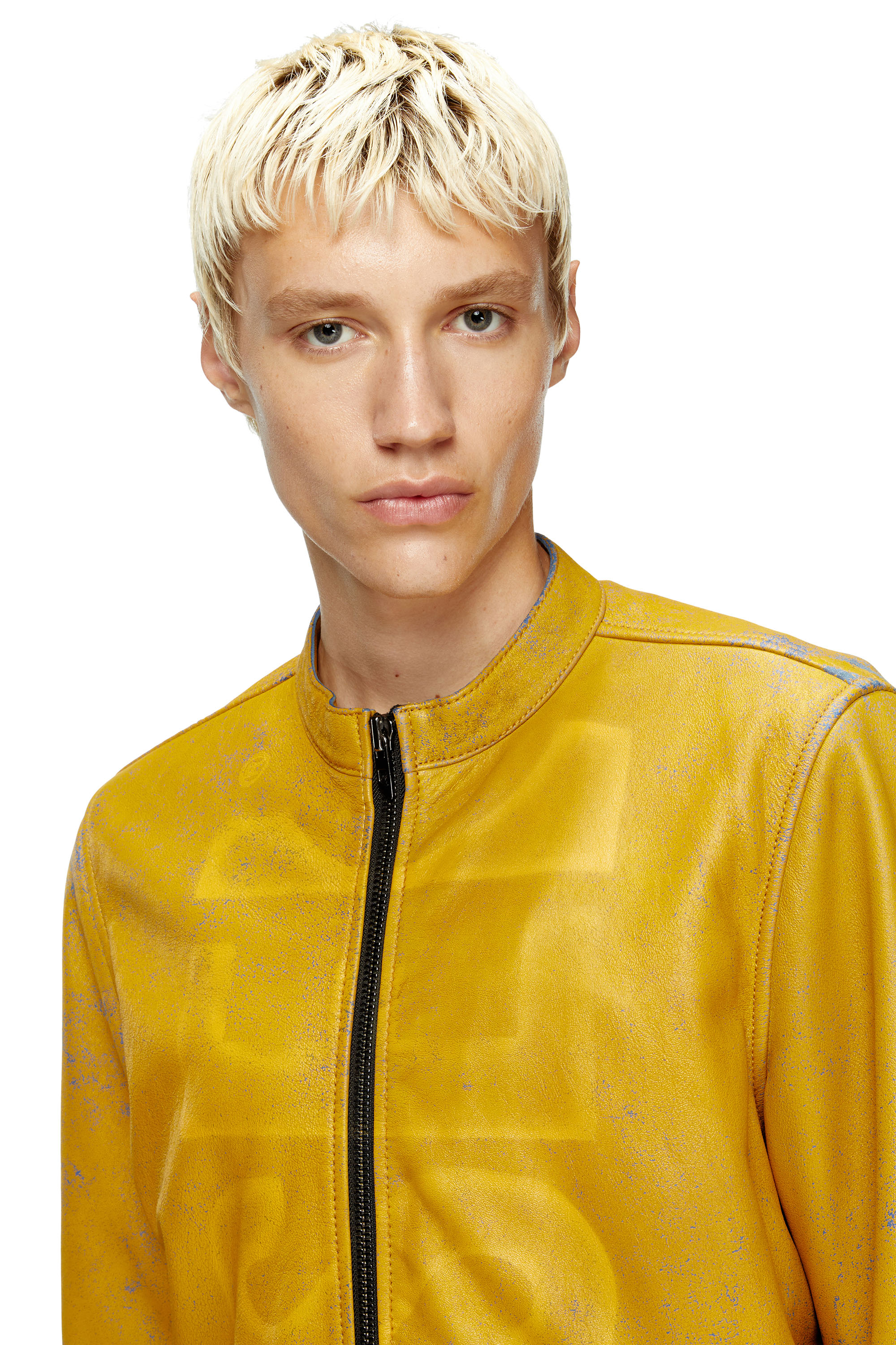 Diesel - L-EVERT-A, Man's Treated leather biker jacket with faded logo in Yellow - 4