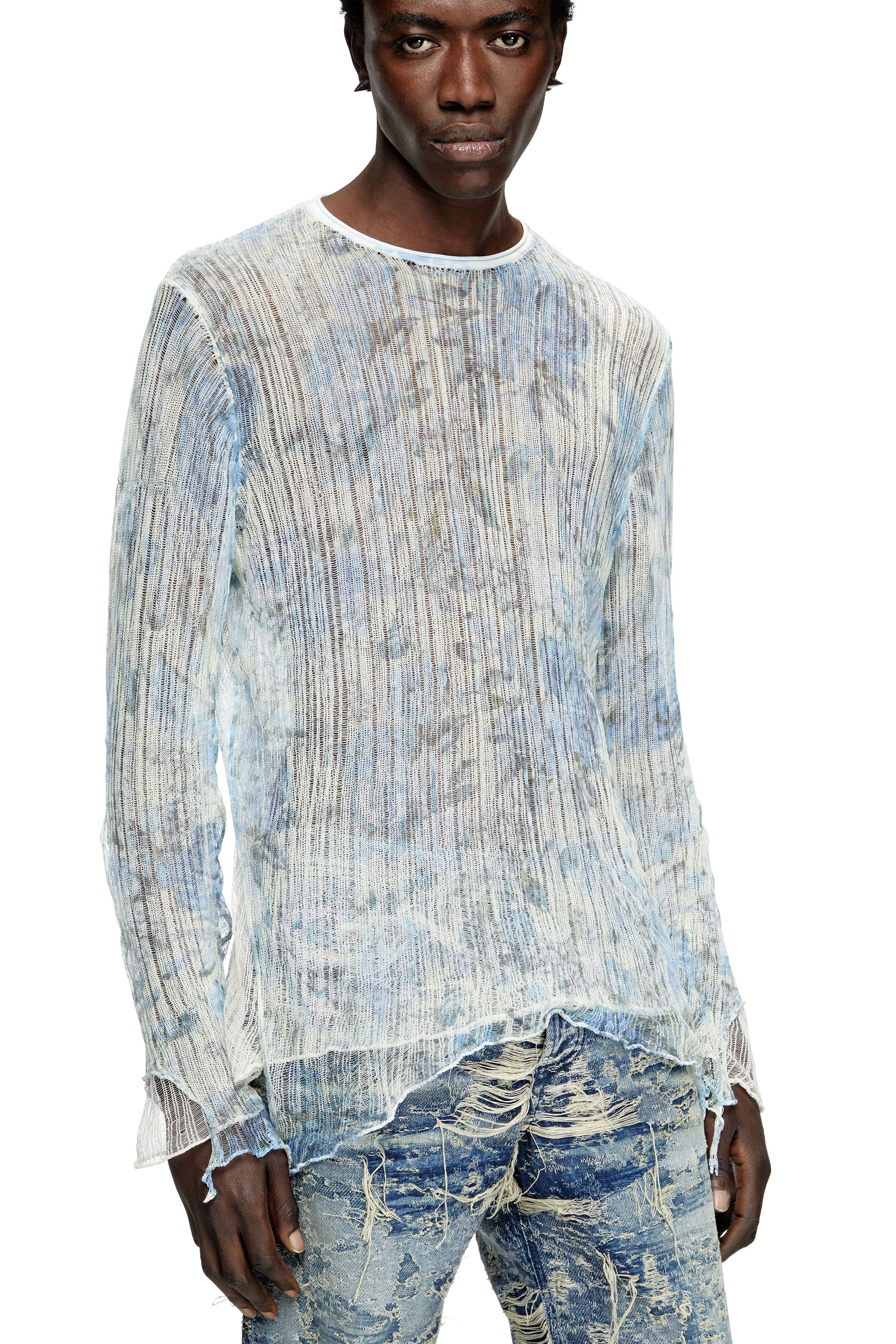 Diesel - K-AASMOS-A, Unisex's Dishevelled knit jumper with floral print in Light Blue - 4