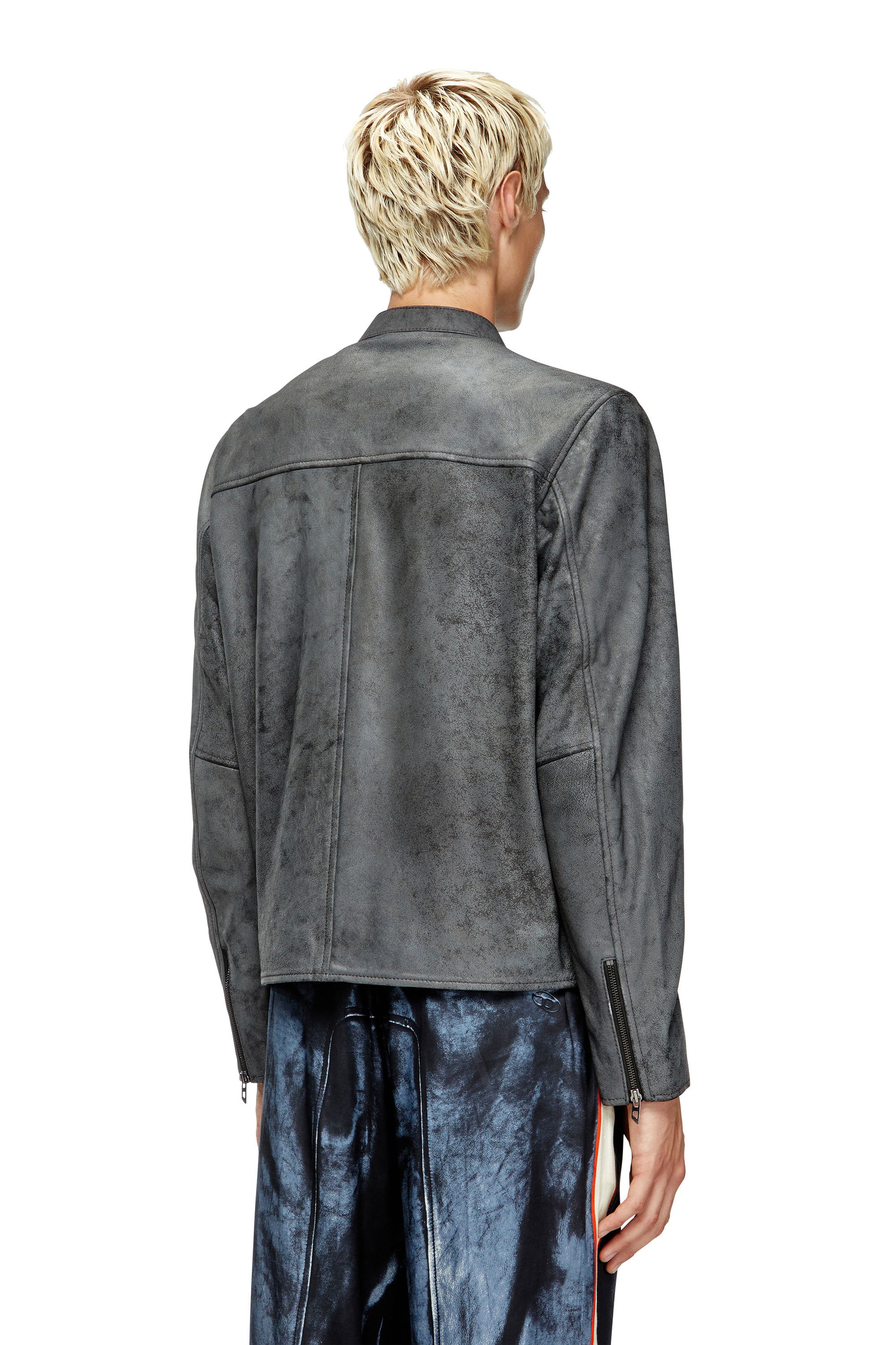 Diesel - L-EVERT-A, Man's Treated leather biker jacket with faded logo in Grey - 3