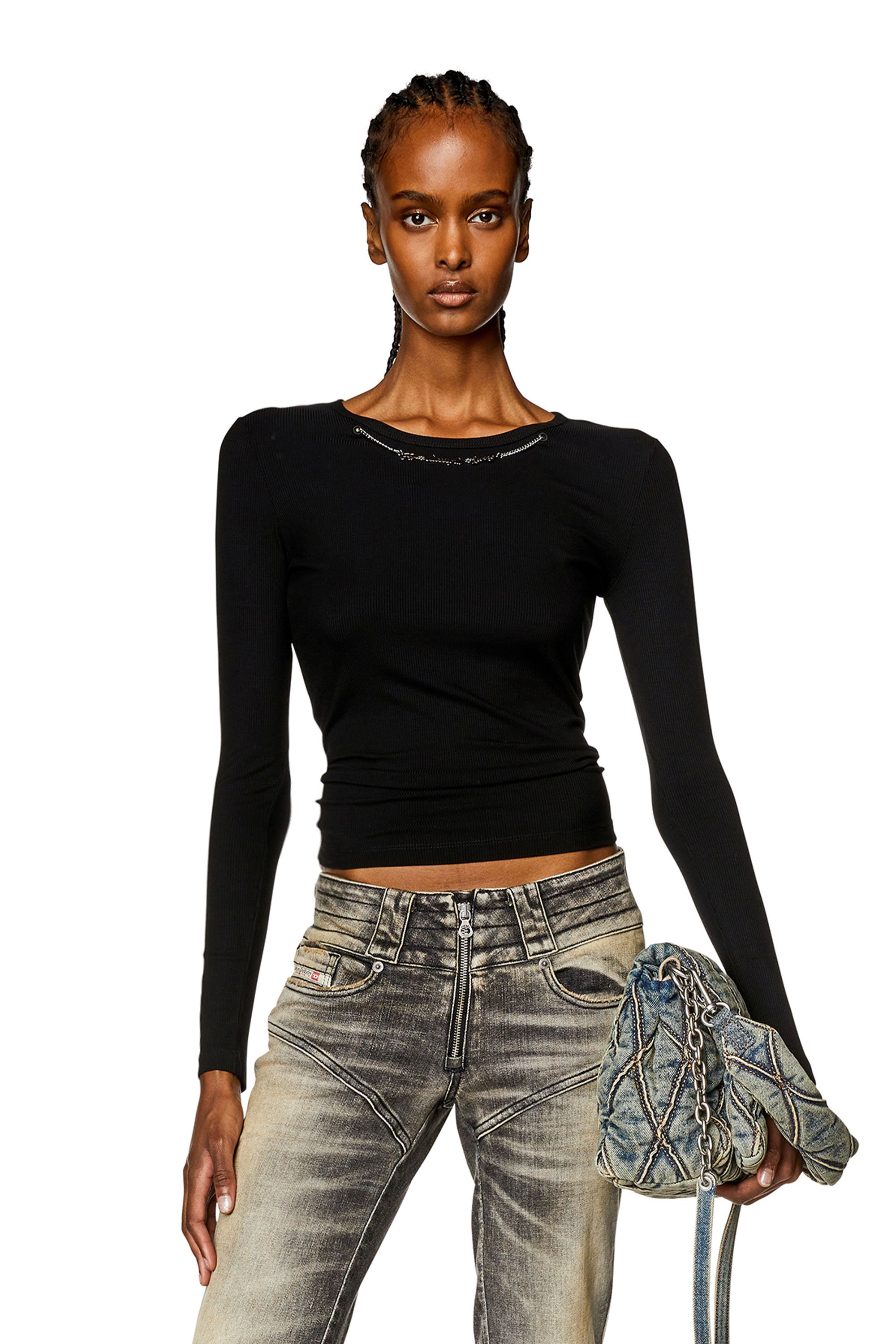 Diesel - T-MATIC-LS, Woman Long-sleeve top with chain necklace in Black - Image 1