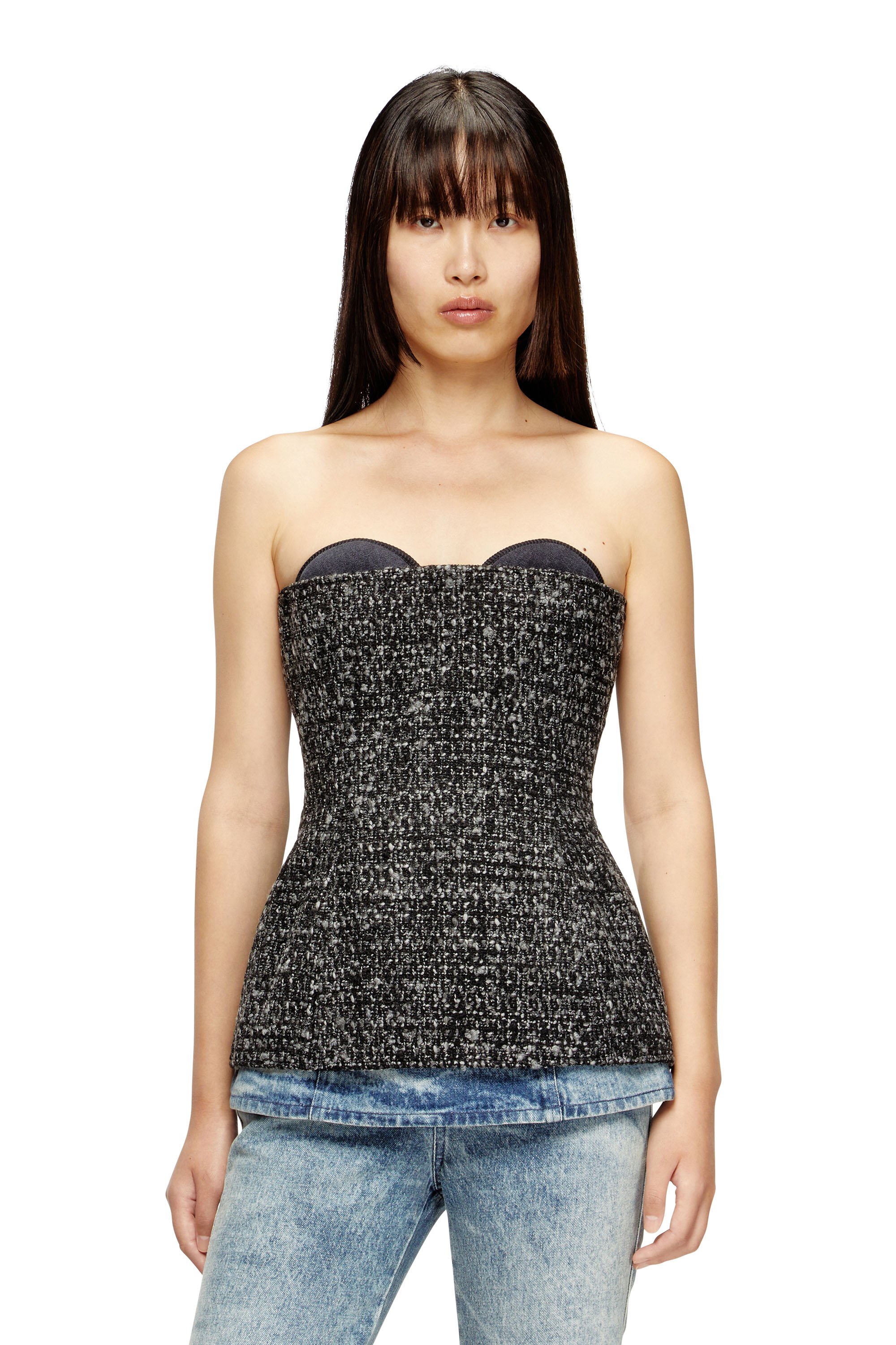 Diesel - T-ORSET, Woman's Bouclé corset top with ultra-low cut in Black - 1