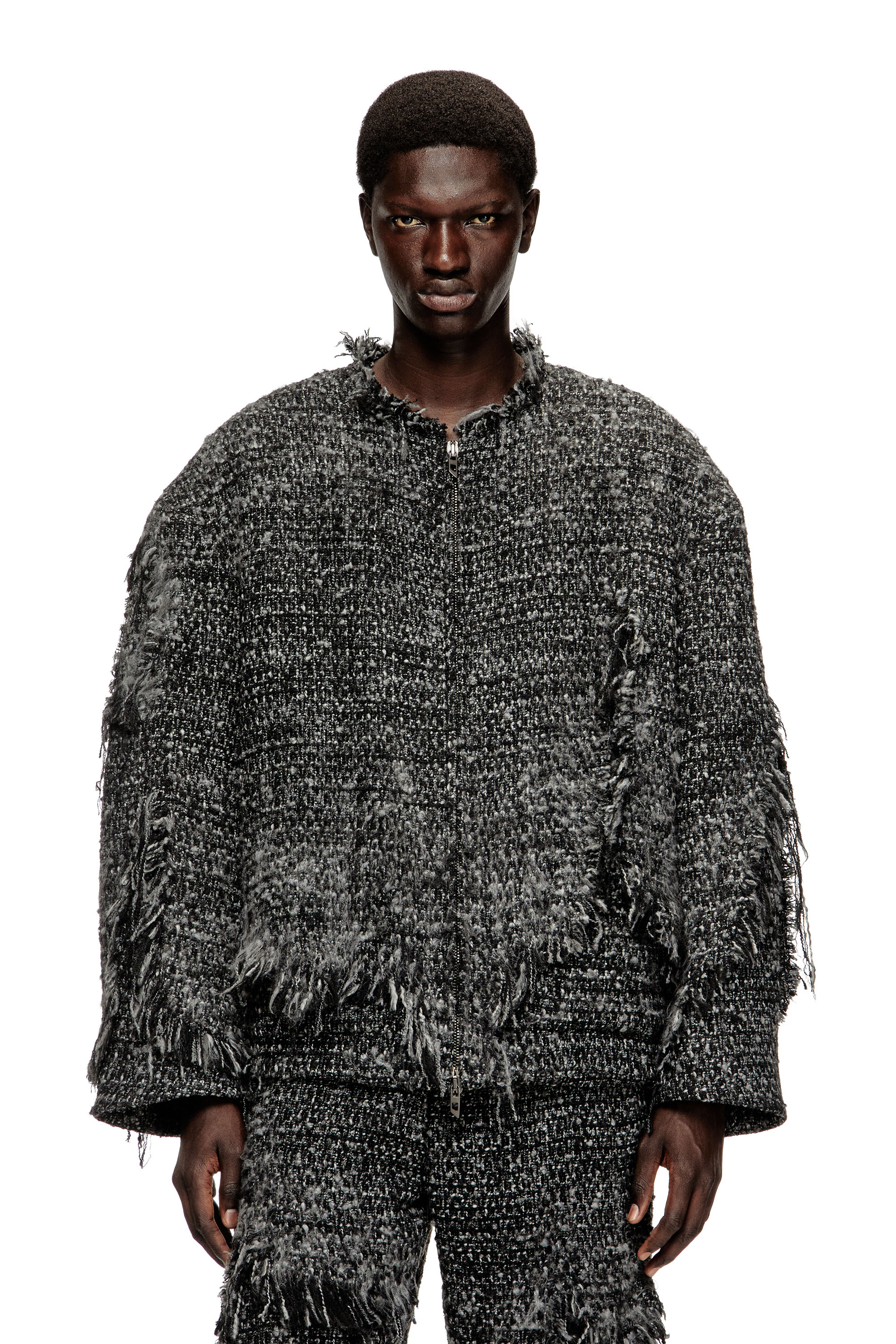 Diesel - J-ABERDEEN, Man's Layered jacket in destroyed bouclé in Black - 1