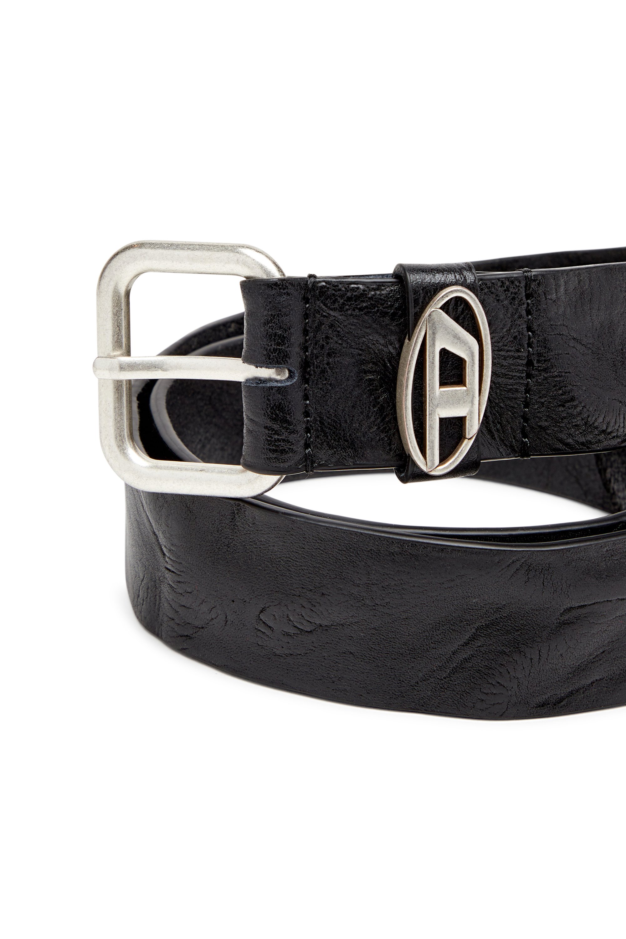 Diesel - B-1DR OVAL D LOOP, Unisex's Logo-plaque wrinkled leather belt in Black - 3