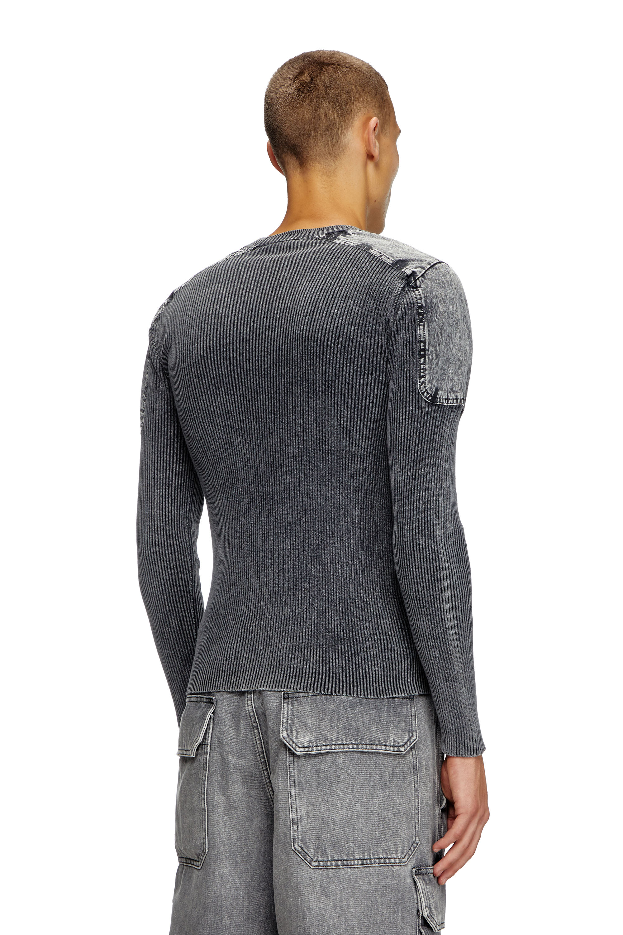 Diesel - K-MARTIN, Man's Jumper with denim shoulder panels in Dark grey - 3