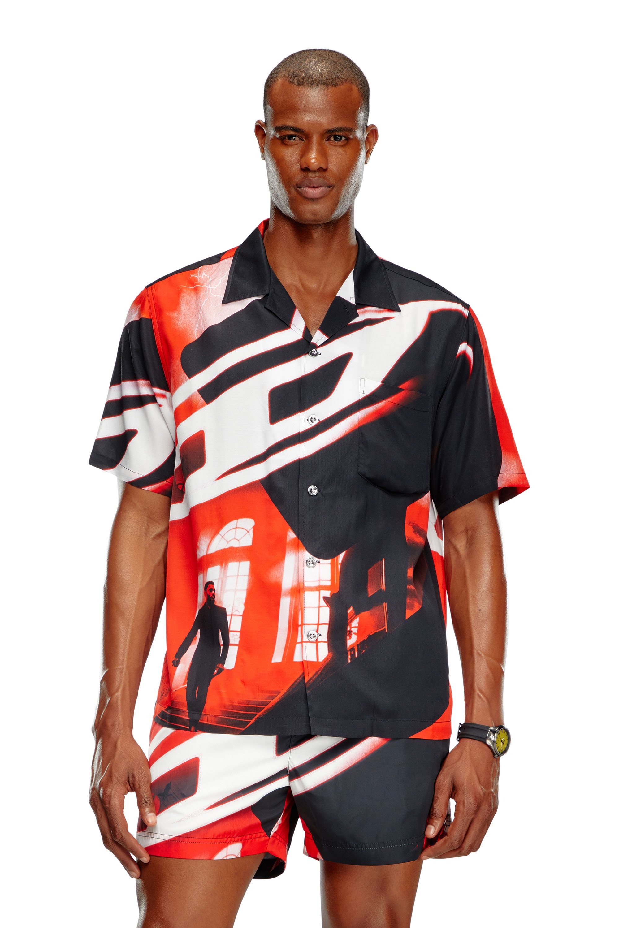 Diesel - BMOWT-ADRIAN, Man Beach shirt with Oval D poster print in Multicolor - Image 2